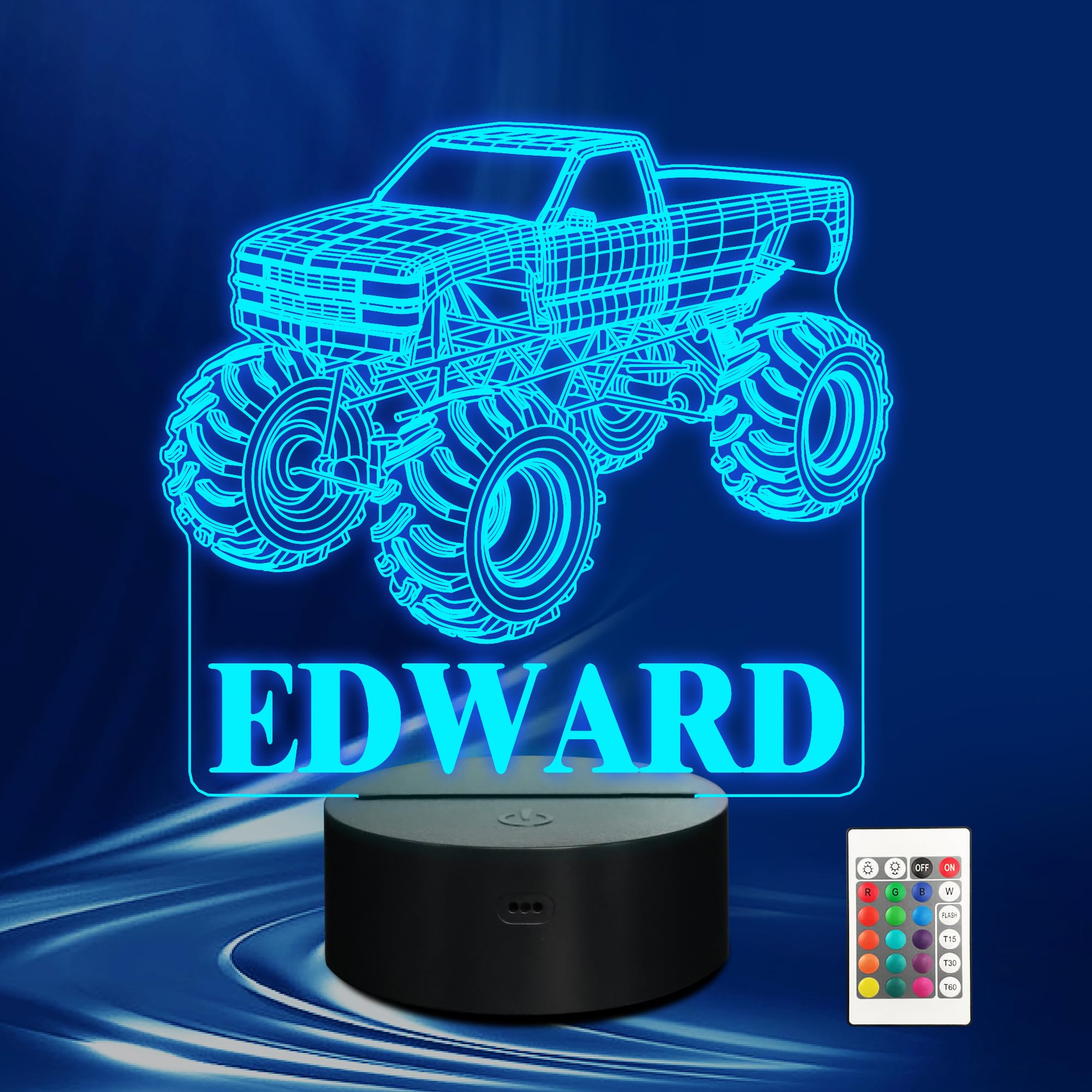 CoolGift Mart Customized Monster Trucks Night Light for Boys, 3D LED Optical Illusion Lamp with Remote Control and Timer, Perfec