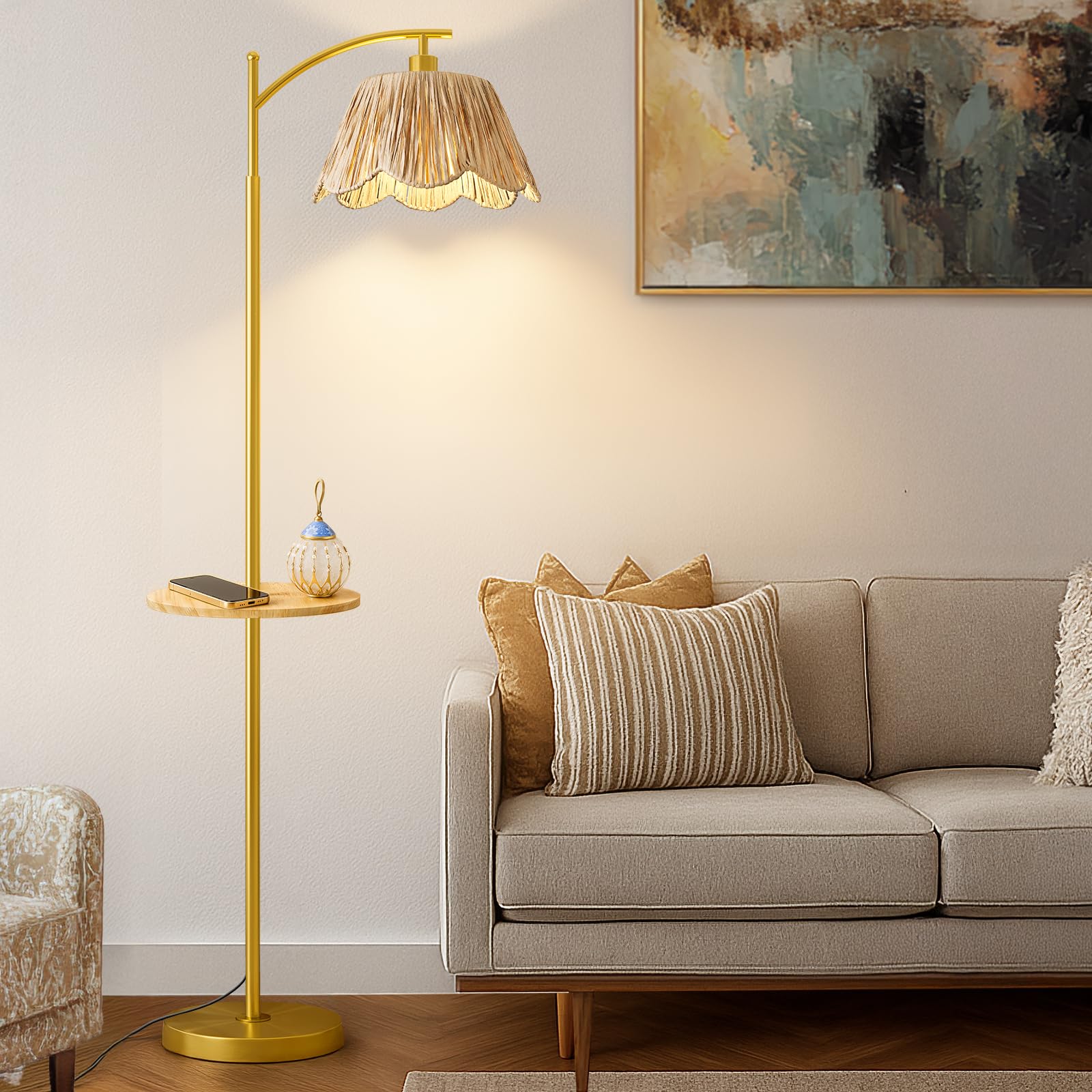 Oneach Floor Lamp with Table for Bedroom  Boho Standing Lamps with Foot Switch  Farmhouse Floor Lamp for Living Room  Arc Rattan Lamps with Gold Metal Base & Pole  Ideal for Home D?cor