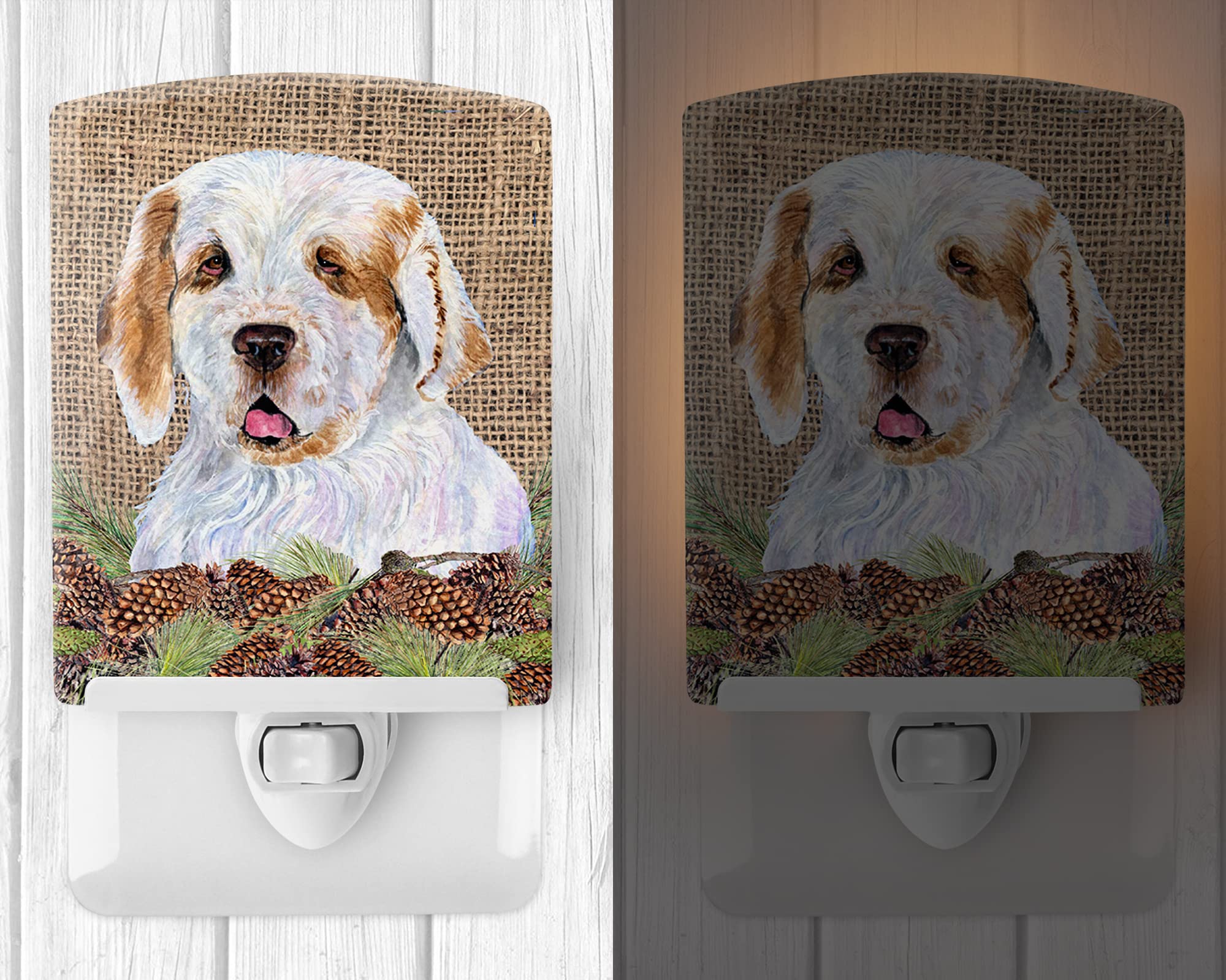 Caroline'S Treasures Ss4089Cnl Clumber Spaniel On Faux Burlap With Pine Cones Ceramic Night Light Compact, Ul-Certified, Ideal For Bedroom, Bathroom, Nursery, Hallway, Kitchen, 6X4X3, Multicolor