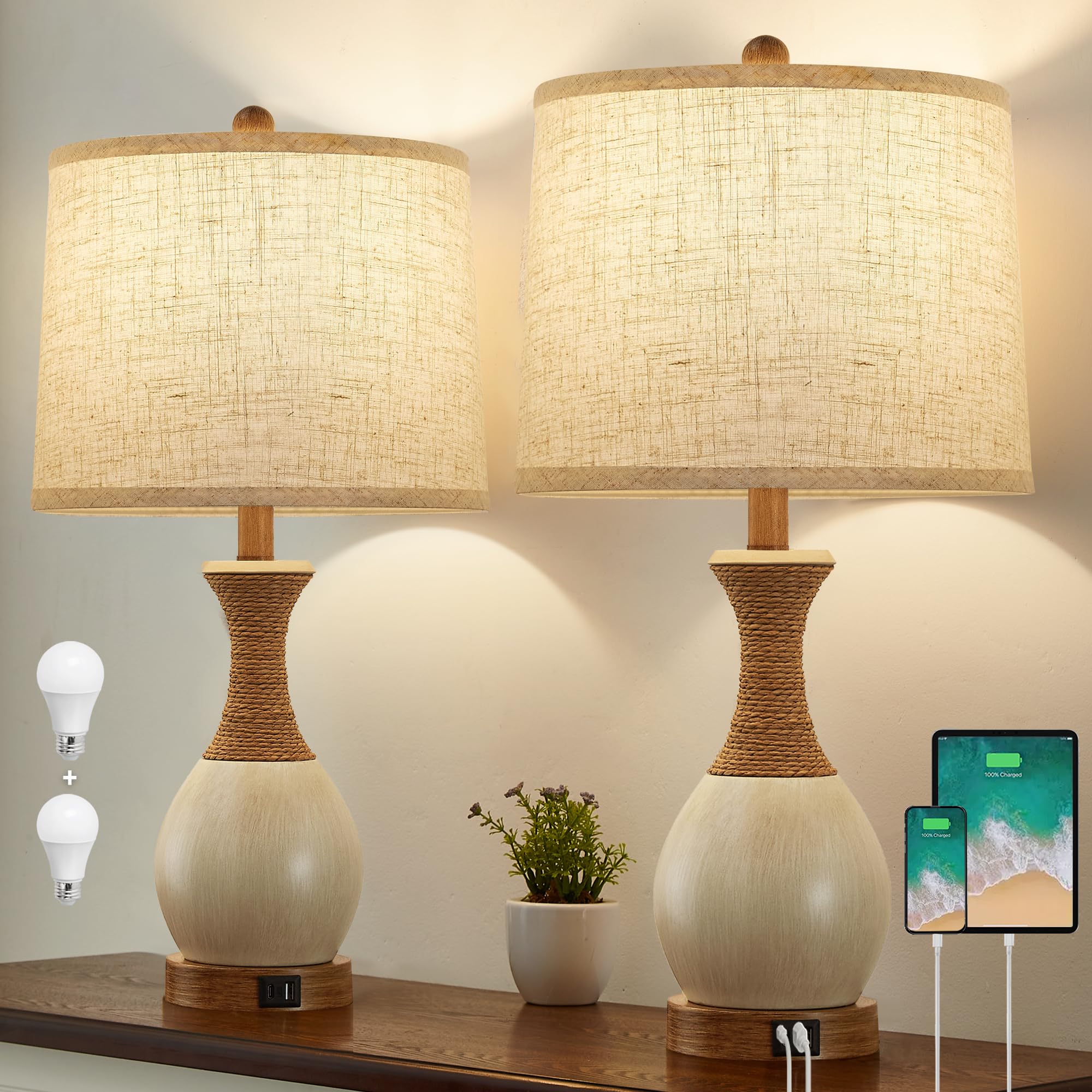 EJIAXIN Table Lamp for Bedroom Set of 2 - Bedside Table Lamps with 3 Color Temperatures - Boho Rattan Lamps for Nightstand with 