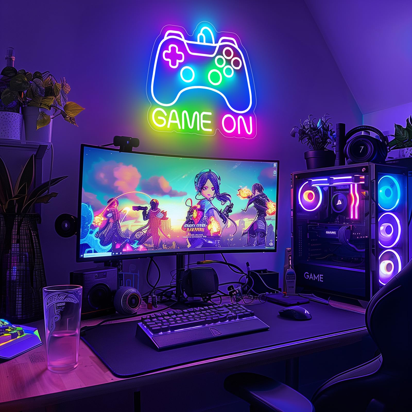 Basaneon Gamer Neon Sign, Game Controller LED Decor, Dimmable USB Powered, 14.1x12.9 inches, A-Game On, Model ZF-GAME ON