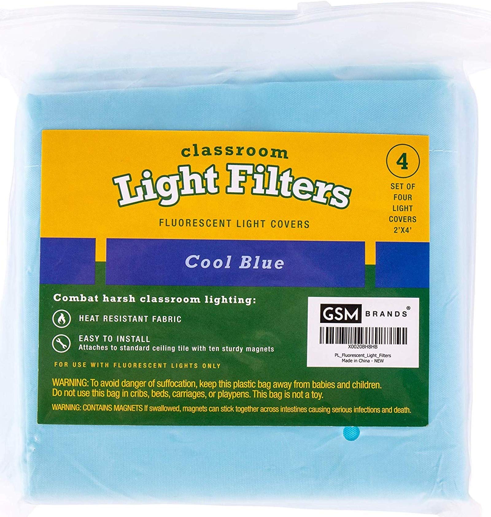 GSM Brands Fluorescent Light Covers - Light Diffuser - Fluorescent Light Coverings - Light Covers 2’ X 4’ - Calm Blue Filter Pack of 4 - for Classroom, Office, Hospital and Home