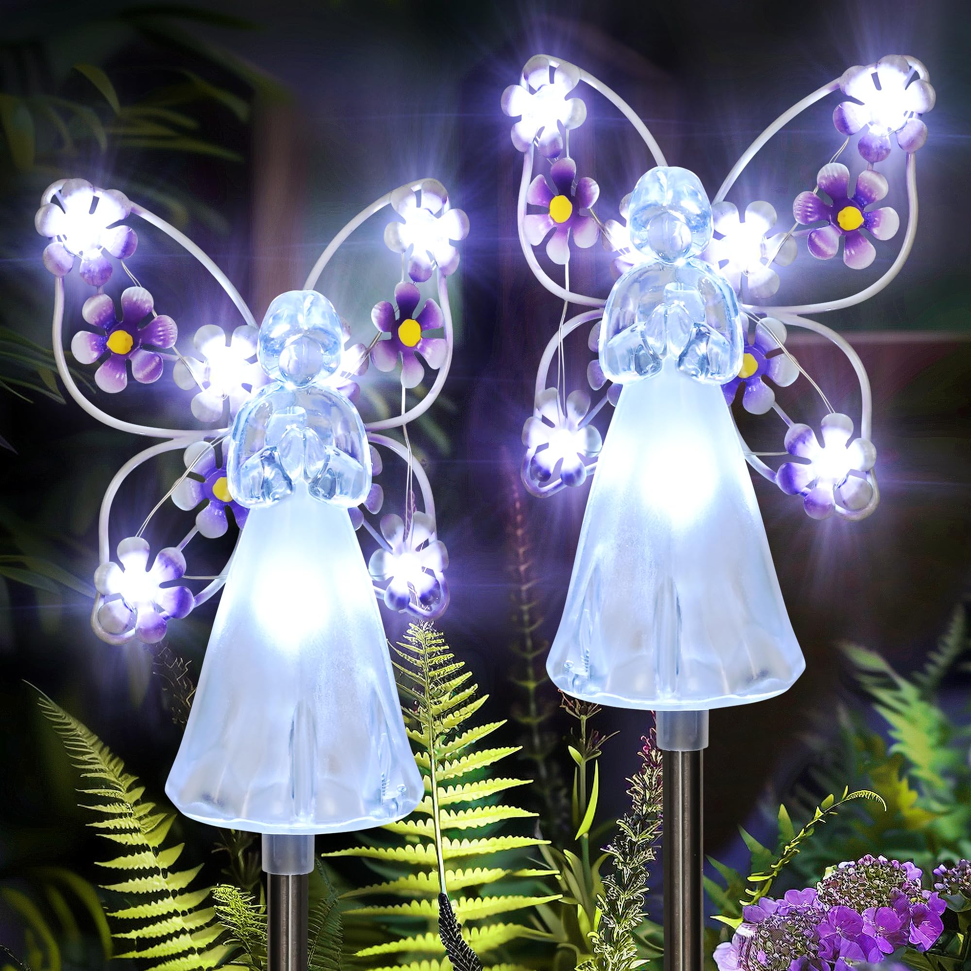 GIGALUMI Solar Angel Garden Stake Lights - 2 Pack, Cold White, Model 8392, 7 LEDs for Memorial and Garden Decorations