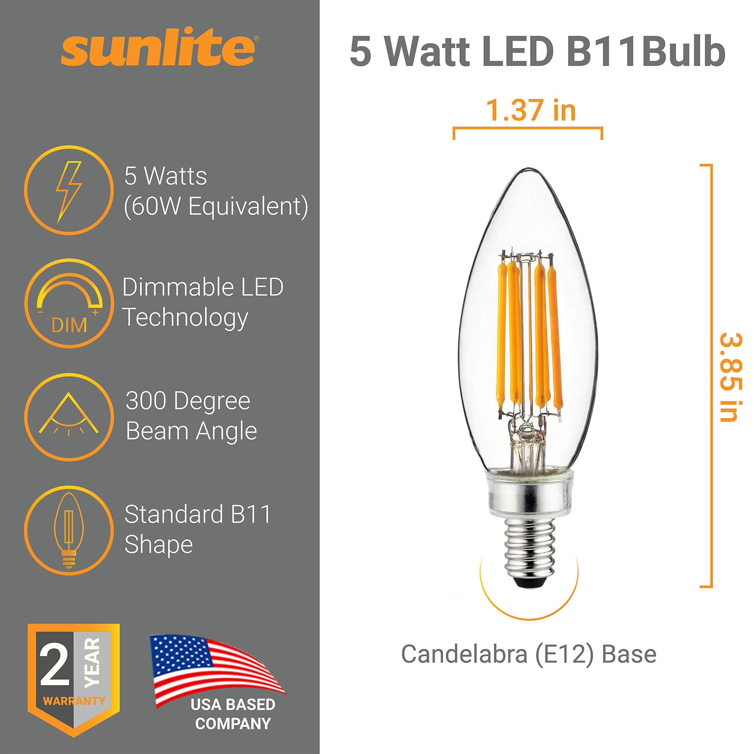 Sunlite 40956 Led B11 Filament Style Chandelier Light Bulb Torpedo Tip 5 Watts (60 W Equivalent) Dimmable, 600 Lumens, Candelabr