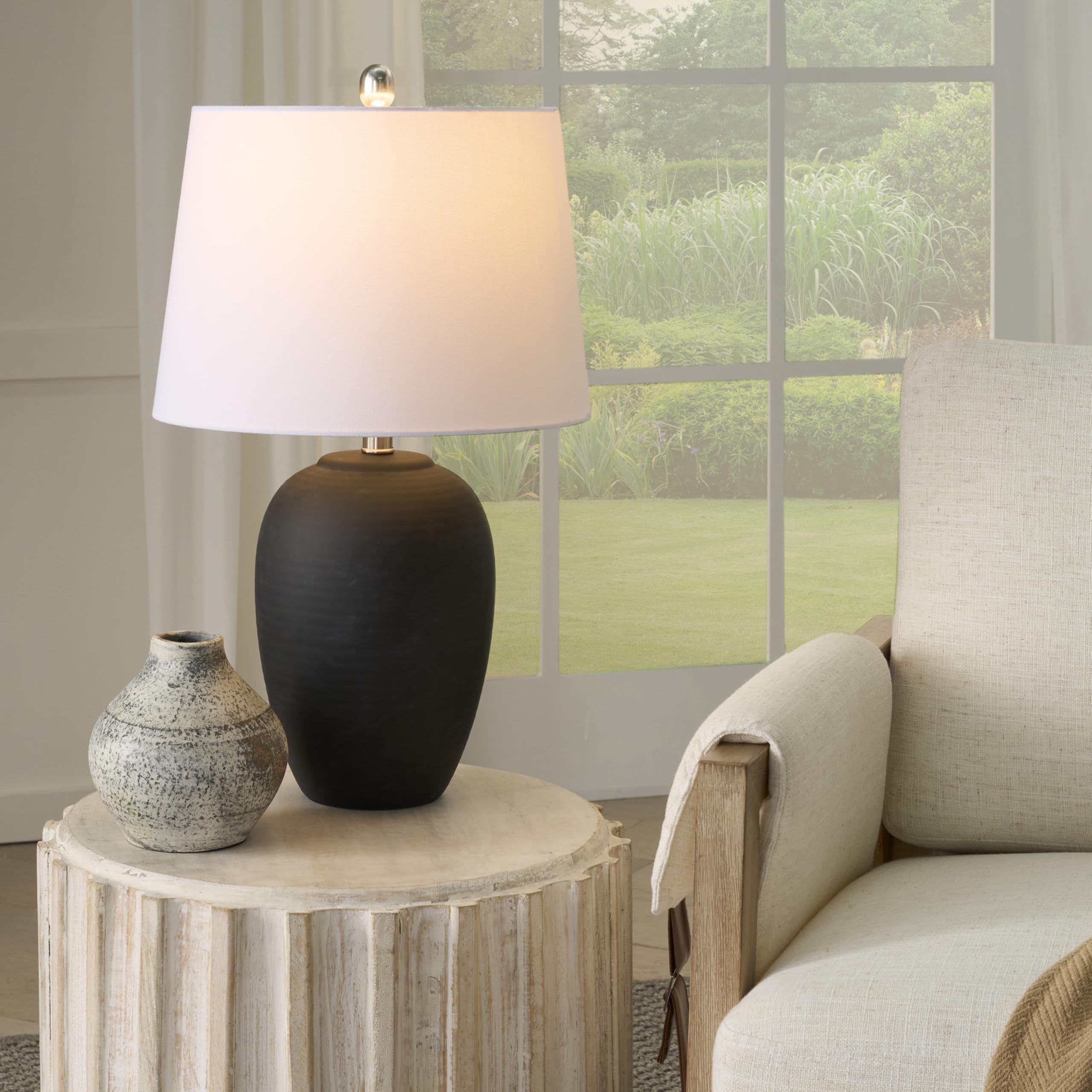 Nourison 23'' Black Vintage Distressed Ceramic Pot Table Lamp For Bedroom, Living Room, End Table, With White Tapered Drum Shade
