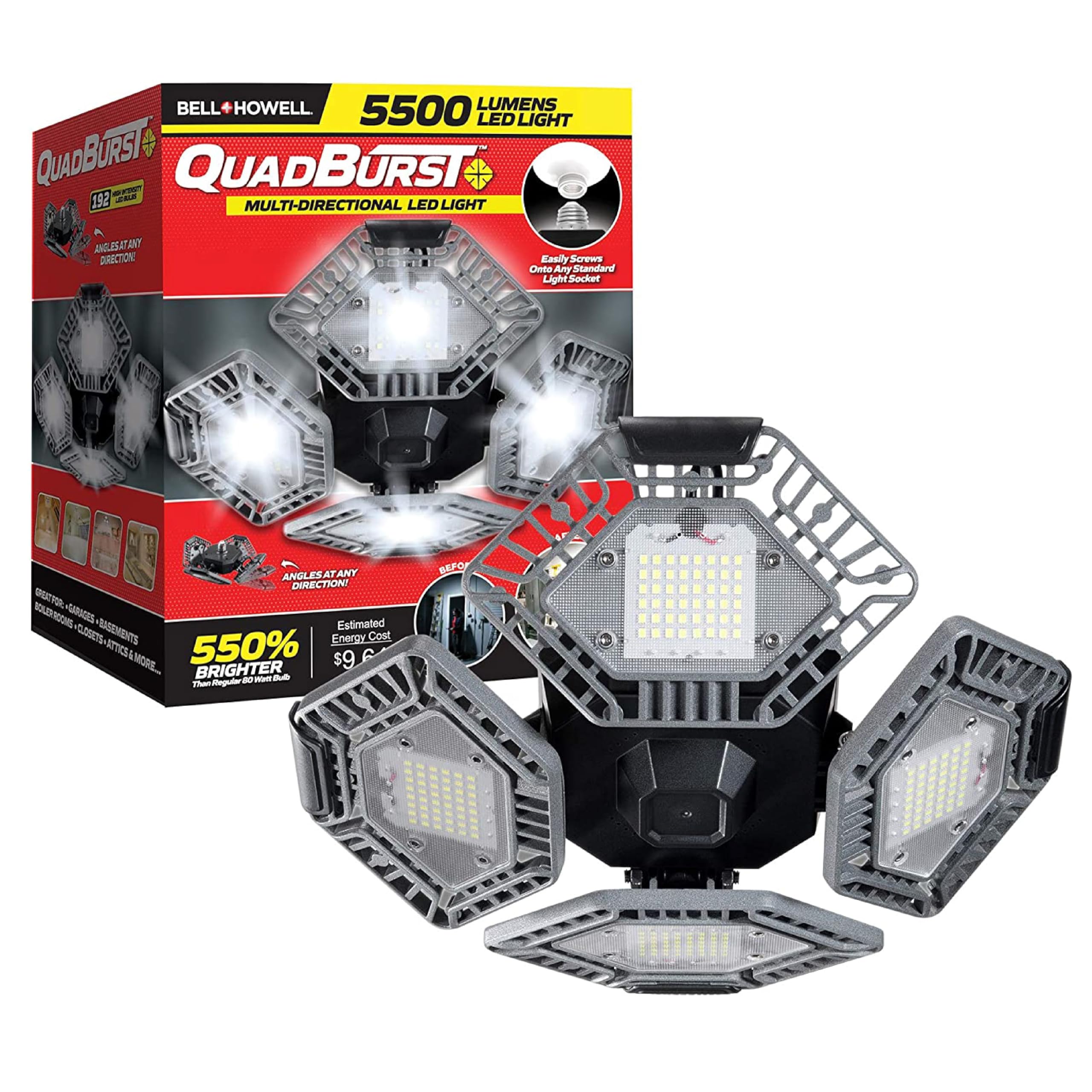 Bell+Howell QUADBURST LED Shop Light, 80W, 5500 Lumen, Aluminum, Grey, Model 7641, Deformable Panels