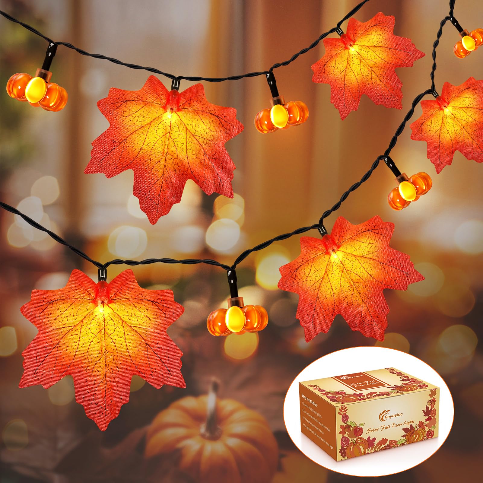 Fall Solar Lights Outdoor Decorative, 39Ft 100 Leds And 8 Modes Solar Lights Thanksgiving Decorations Outdoor Maple Pumpkin String Garland For Autumn Outside Garden Harvest Party Halloween Decor