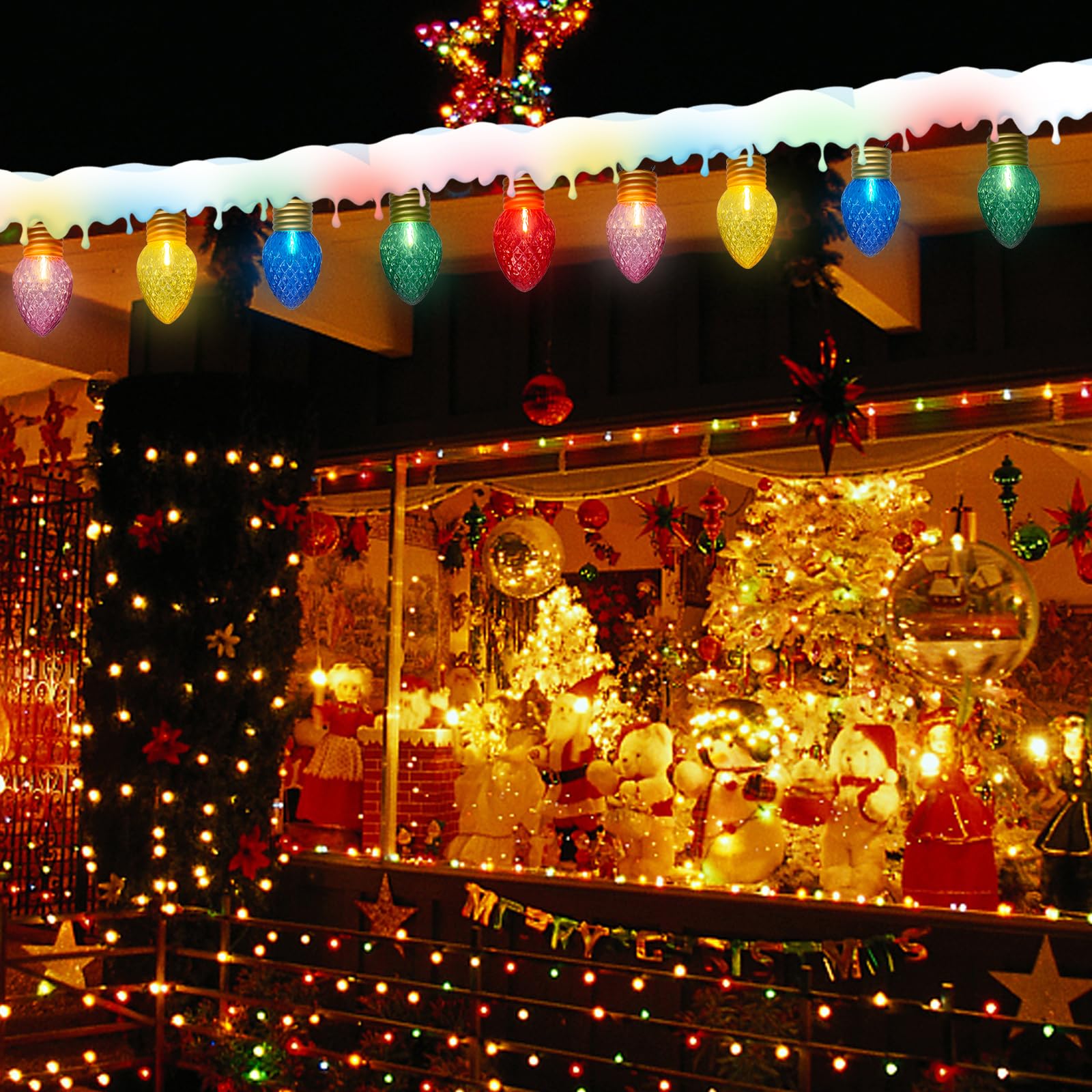 16Ft Jumbo Led Multicolor Christmas String Lights Outdoor With 10 Led Strawberry Bulb, Connectable Hanging String Lights For Ind