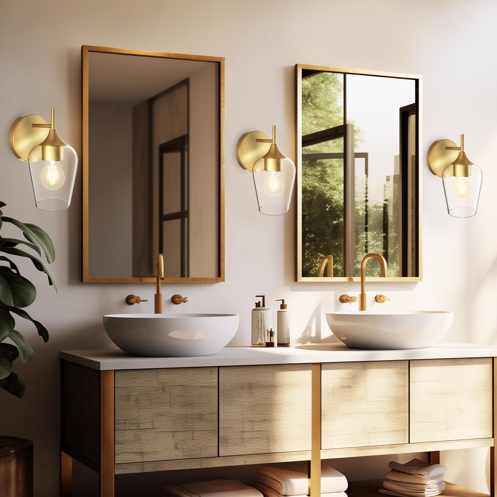 Hamilyeah Gold Wall Sconces Set of 2, Modern Vintage Brass Lighting with Clear Champagne Glass Shade for Bathroom, Bedroom, Kitchen