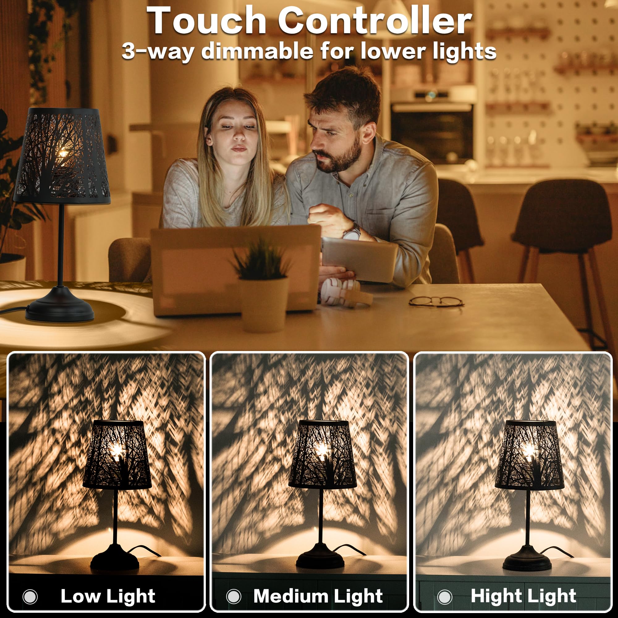 Zqqlite Touch Control Table Lamp, Led Lights Mini Lamps With Pattern Of Trees For Nightstand, 3-Levels Brightness, Lamp For Bedroom, Bedside Lamps, Desk Lamps For Home, Living Room, Office (Black)