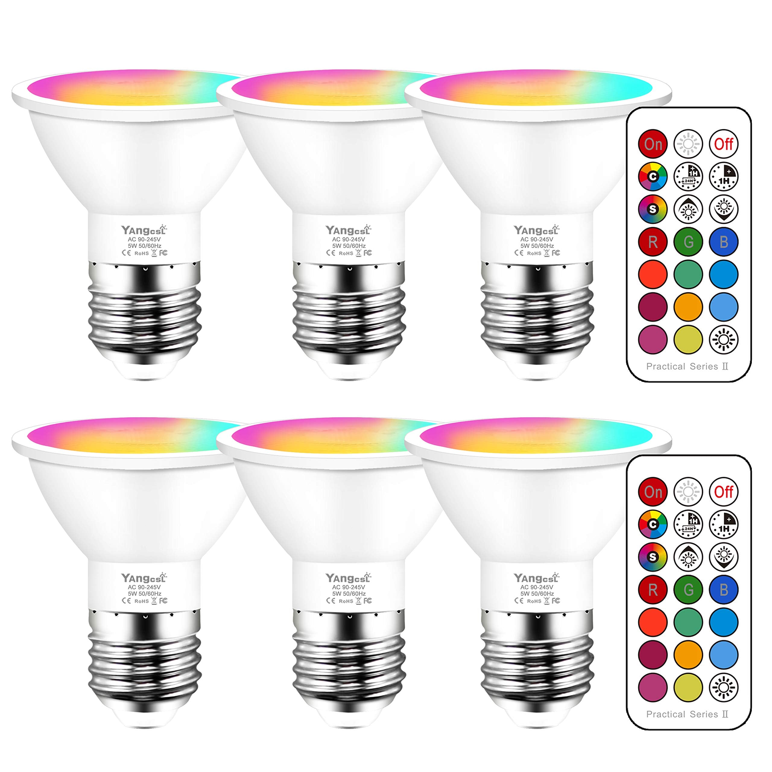 Yangcsl LED Color Changing RGB Light Bulb, 40W Equivalent, Remote Control, 6 Pack, White
