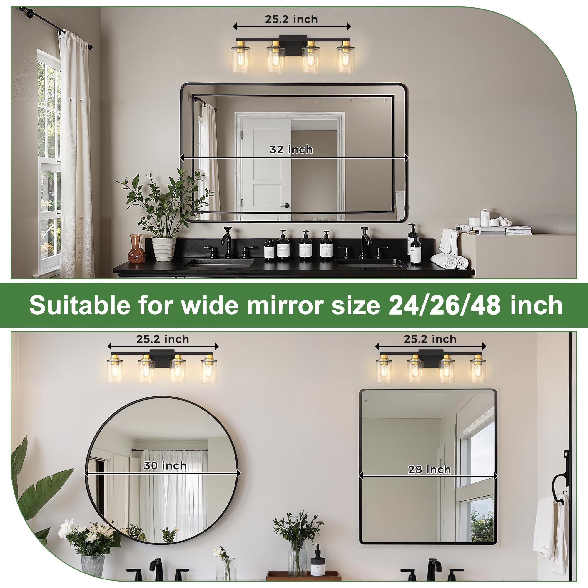 DORESshop Bathroom Vanity Light, 4-Light Black and Gold Fixture with Clear Glass Shade, Ideal for Bathroom, Hallway, Living Room
