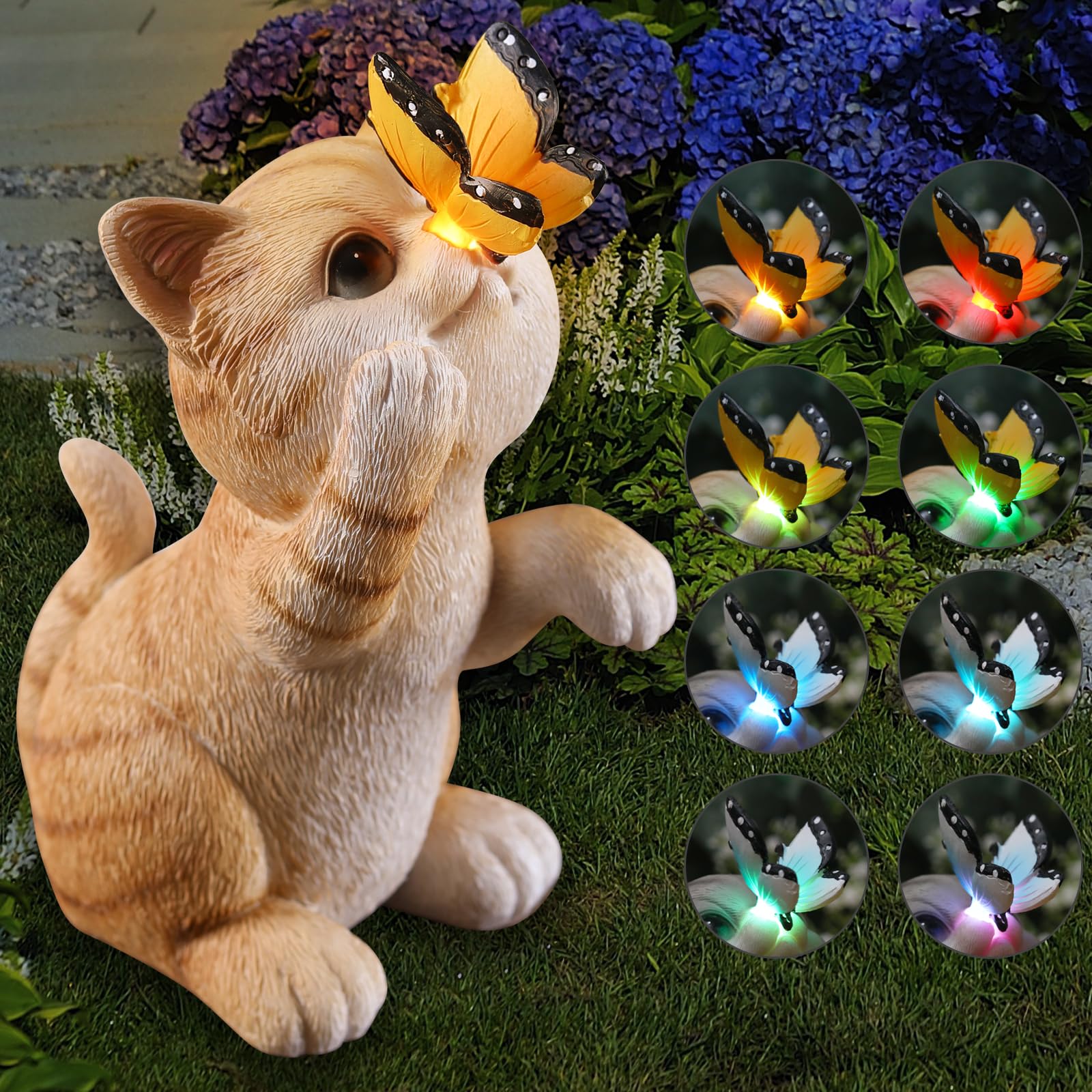 halpssfm Solar Garden Statue Cute Cat Figurine Fun Color Changing LED Butterfly Light Outdoor Decor Waterproof Resin Sculpture P
