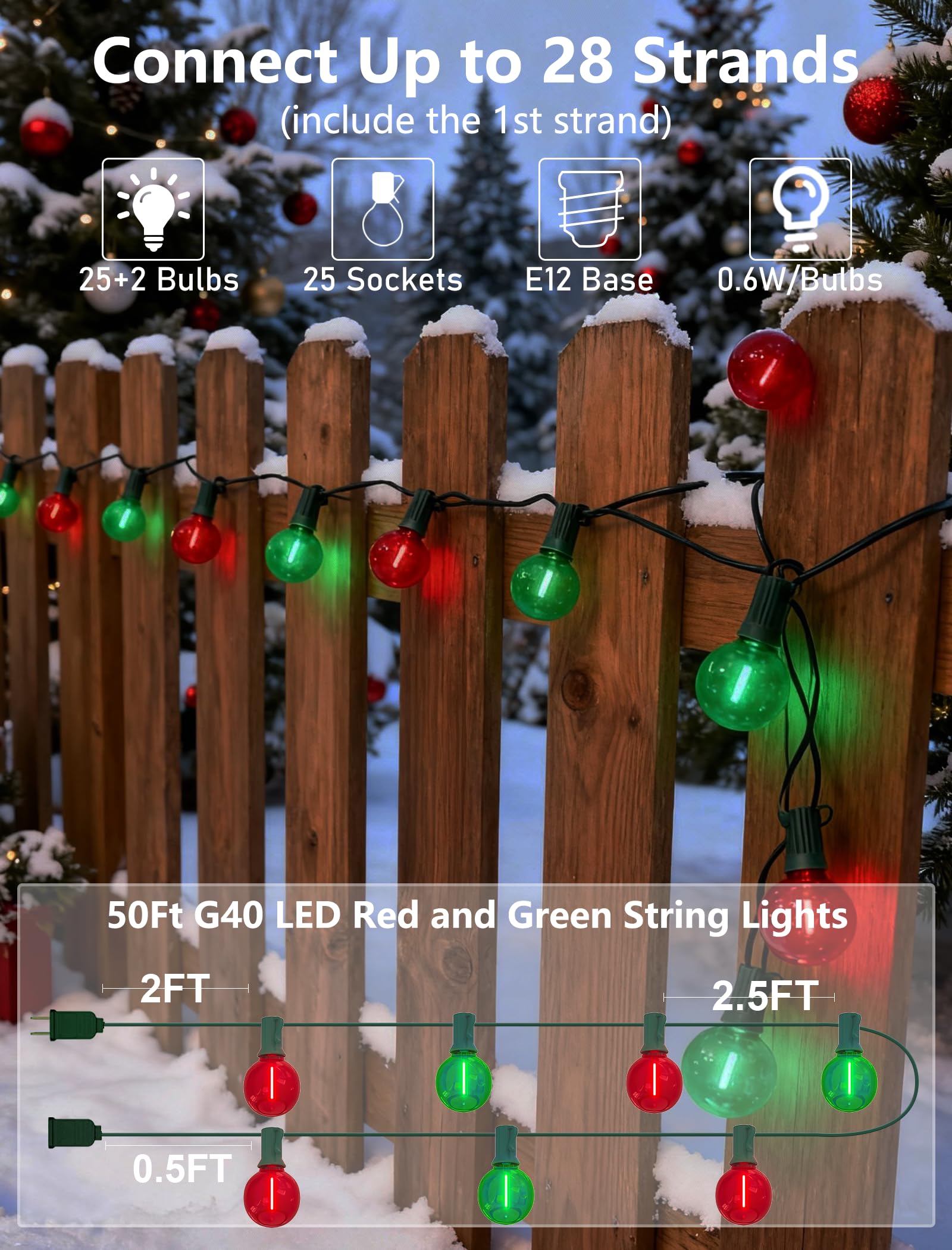 Pallerina G40 Globe LED String Lights, 50Ft Clear Red/Green, 25 Colorful Bulbs, Outdoor Christmas Patio Lights