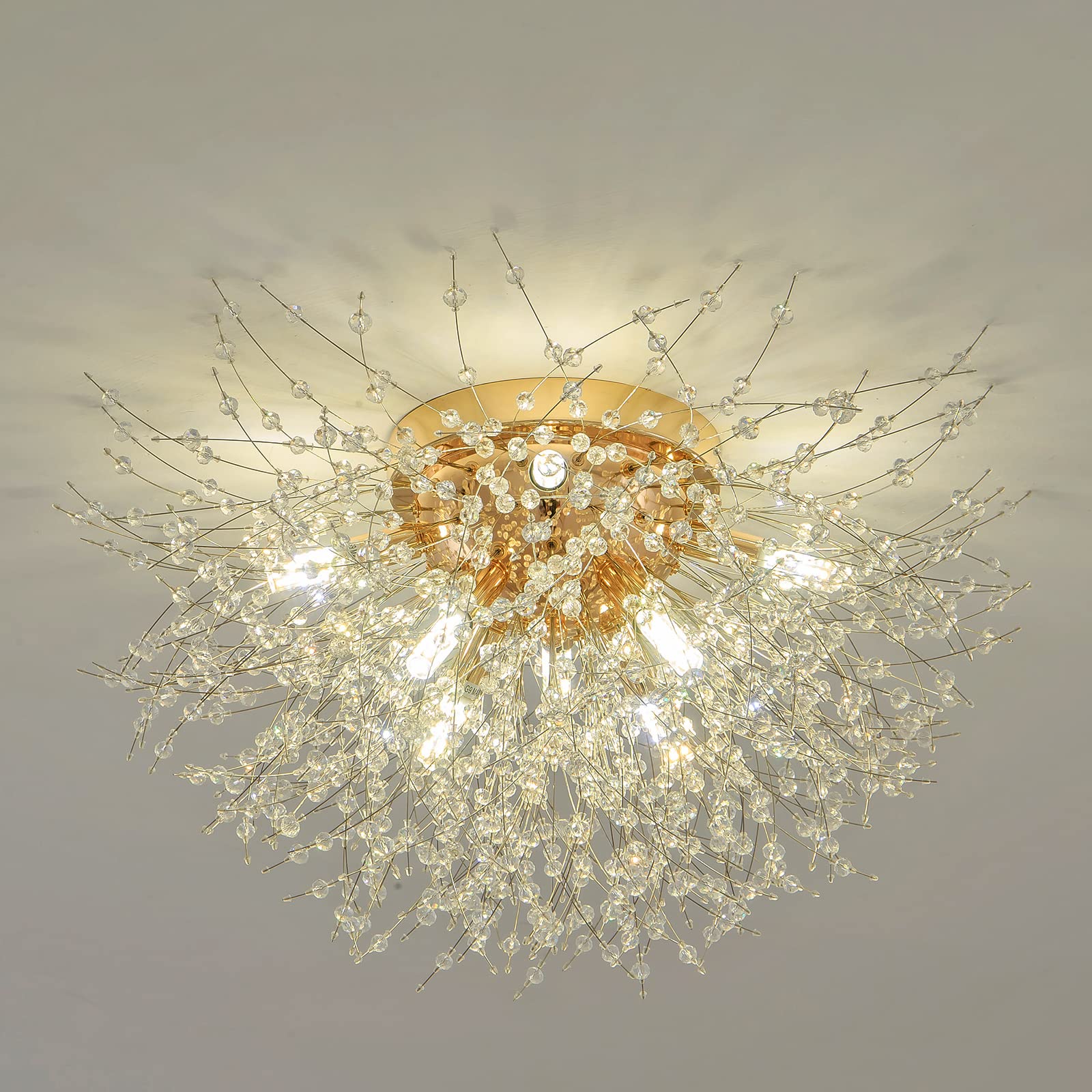 Sputnik Flush Mount Ceiling Light Fixtures, Modern Gold Crystal Firework Chandelier, 8-Light Close to Ceiling Lighting Fixtures for Bedroom Kitchen Hallway Entryway(H11.8'' x W21.5'')