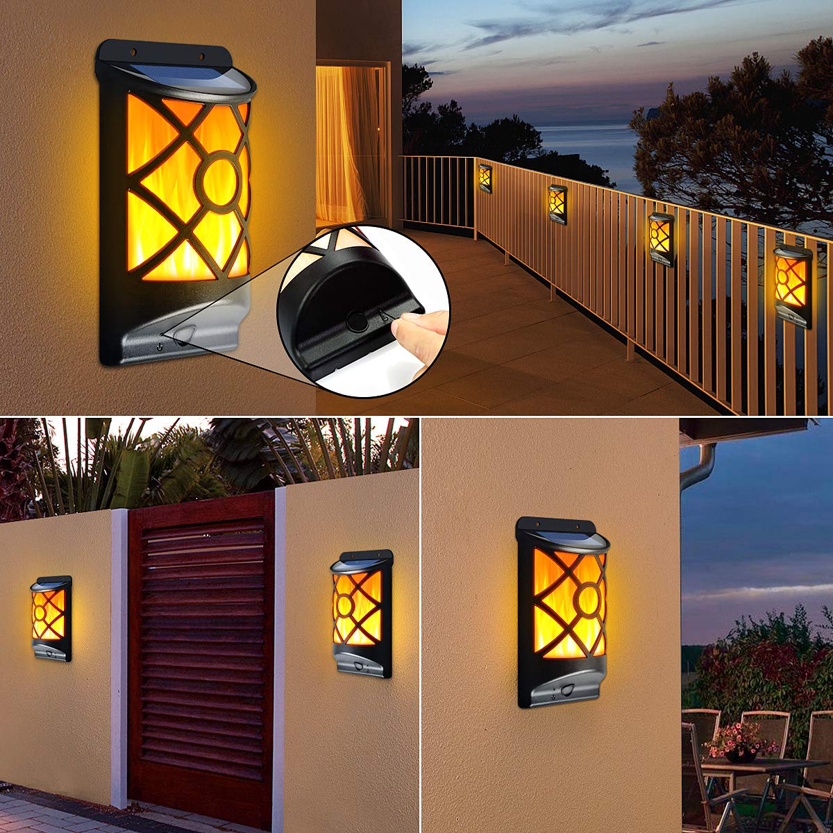LazyBuddy Solar Flame Lights - Flickering Wall Lanterns, 66LED, 4 Pack, Black, Auto On/Off, Outdoor Decorations for Fence and Patio