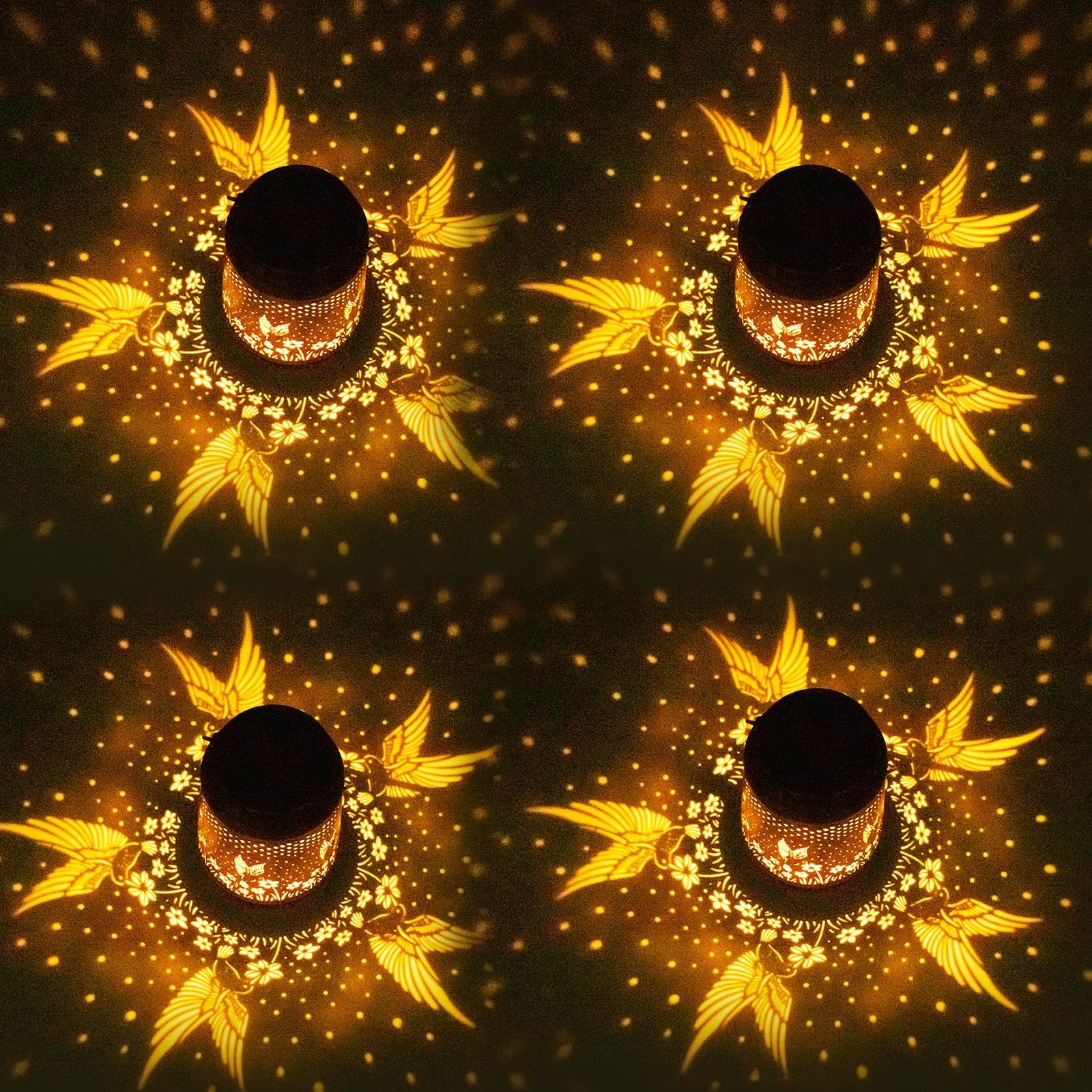 4 Packs Solar Lanterns Outdoor Hanging Lantern Lights, 4 Hummingbirds Hollowed-Out Metal Decor Lantern, Waterproof LED Decorativ