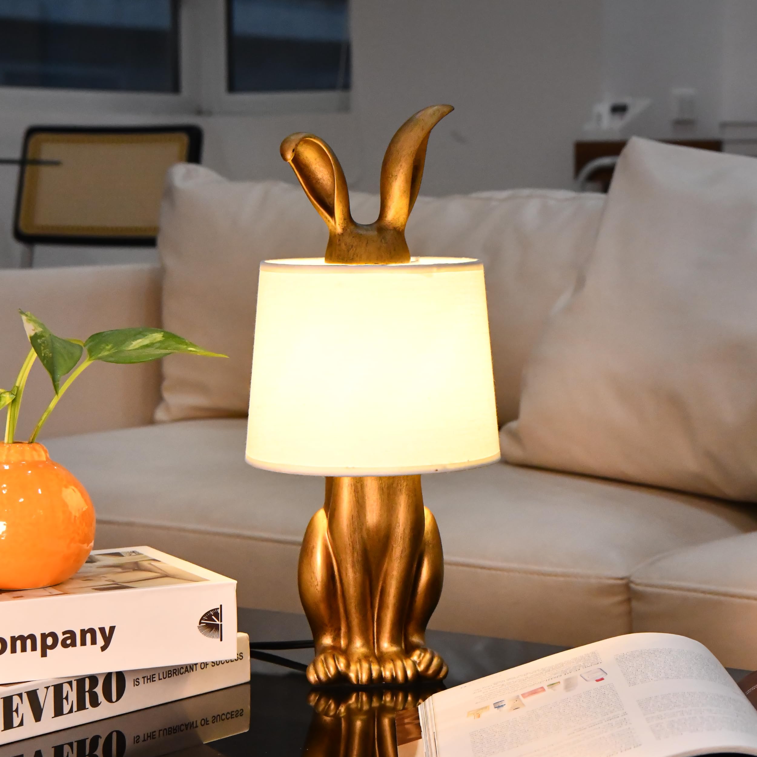Bunny Table Lamp, Cute Animal Rabbit Lamp,Bunny Lamps,15.7 Vintage LED Desk Light with Linen Lampshade,Gold Main Part Beside Lam