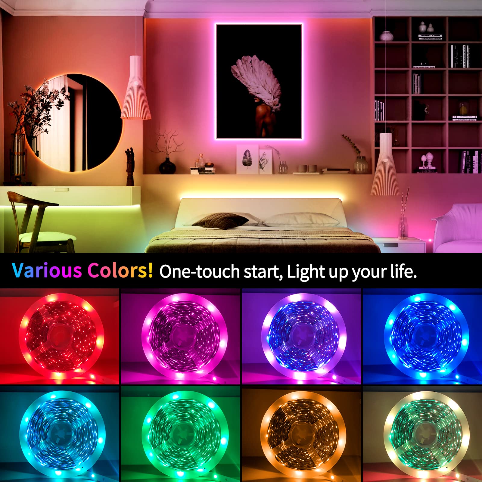 IKERY LED Strip Lights, 65.6ft RGB Color Changing, Cuttable & Dimmable, PVC Material, 44-Key Remote, Ideal for Home & DIY Decor