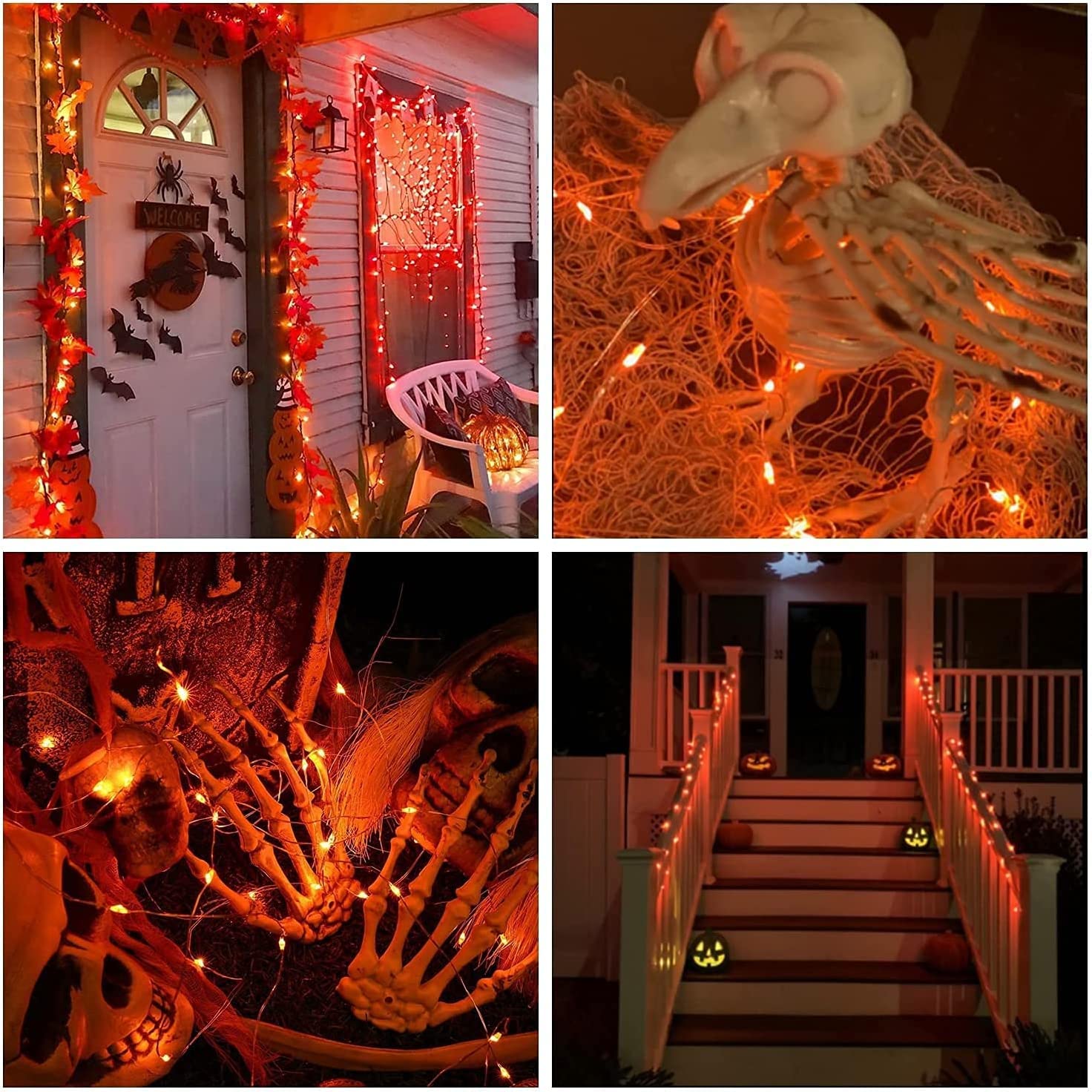 JMEXSUSS 100 LED Solar Halloween Lights, 4 Pack 33ft Copper Wire, Waterproof Orange Fairy String Lights for Garden Yard Decor