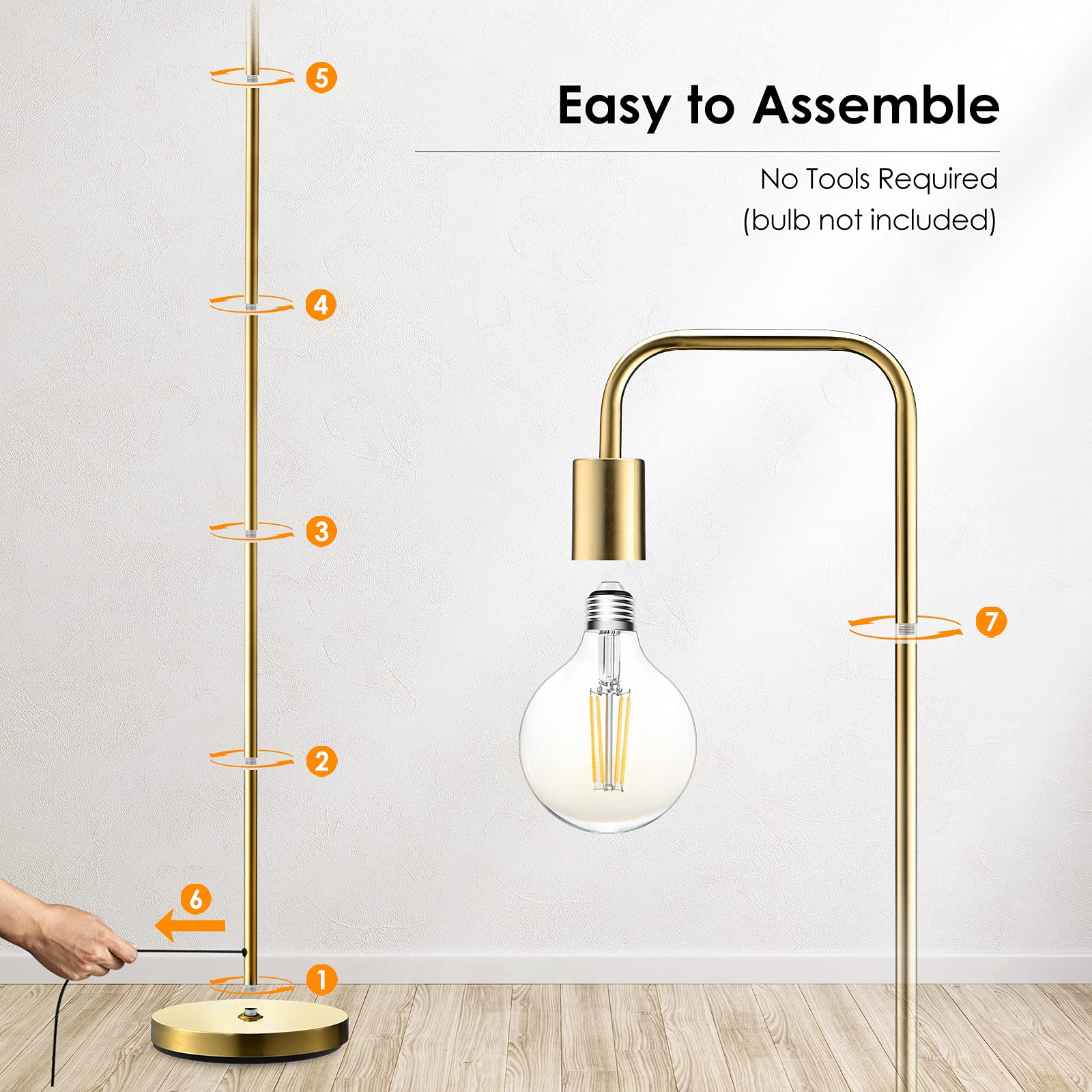 BoostArea 63 Industrial Floor Lamp, Gold Metal, E26 Socket, On/Off Footswitch, Modern Vintage Design for Bedroom & Living Room
