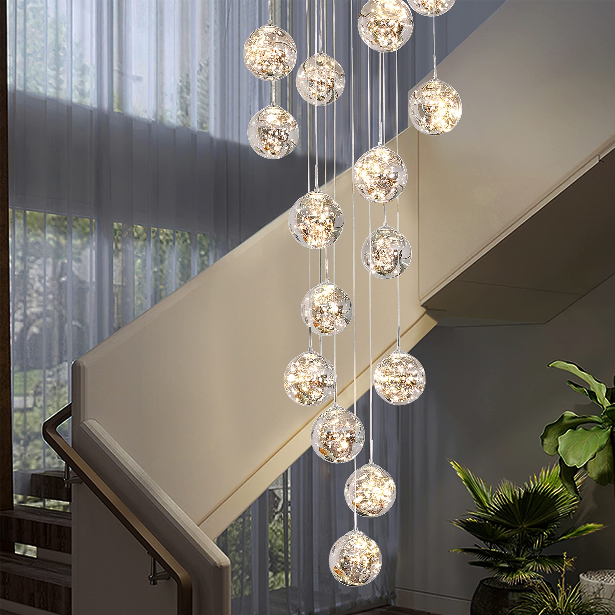 Kaucqi 15-Light Led Chandelier - Modern Crystal Ceiling Light For High Ceilings, Adjustable 23&quot;W X 100&quot;H