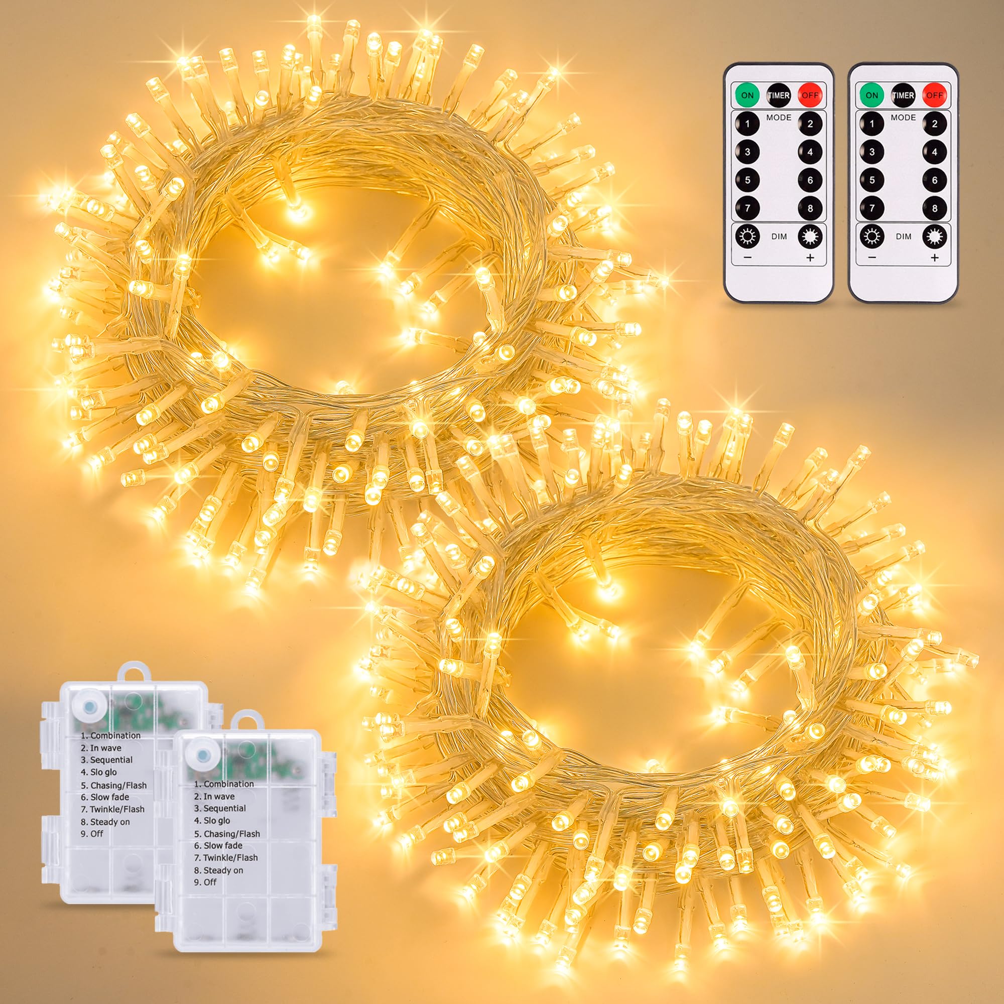 POTIVE 200 LED Warm White Battery Operated String Lights, 66ft, Twinkle Lights with Remote, 8 Modes, Outdoor/Indoor