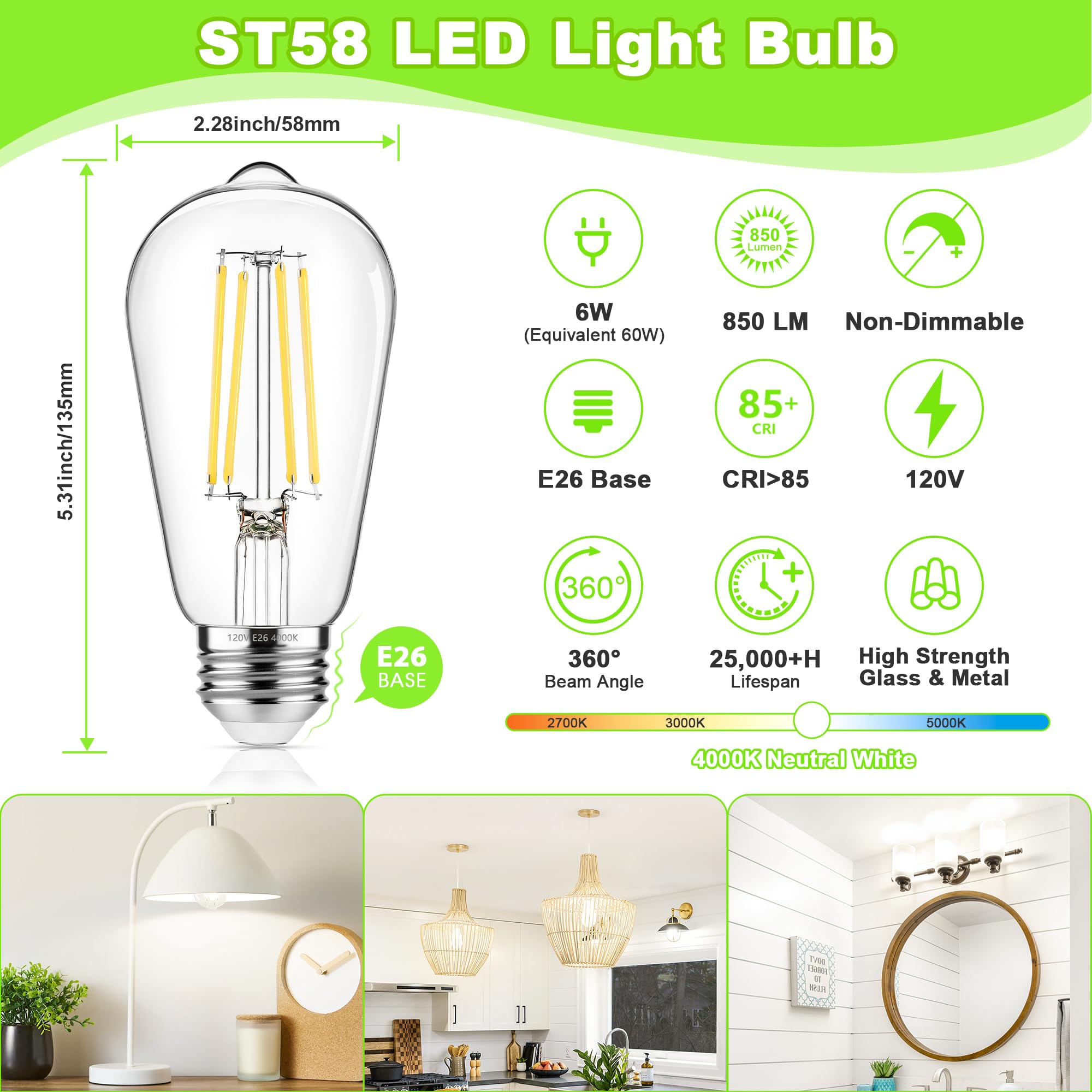 Asomst 4-Pack Vintage Edison Bulbs 60W Equivalent, 850Lm 6W Led Light Bulb Neutral White 4000K, St58 Filament Lighting E26 Base,
