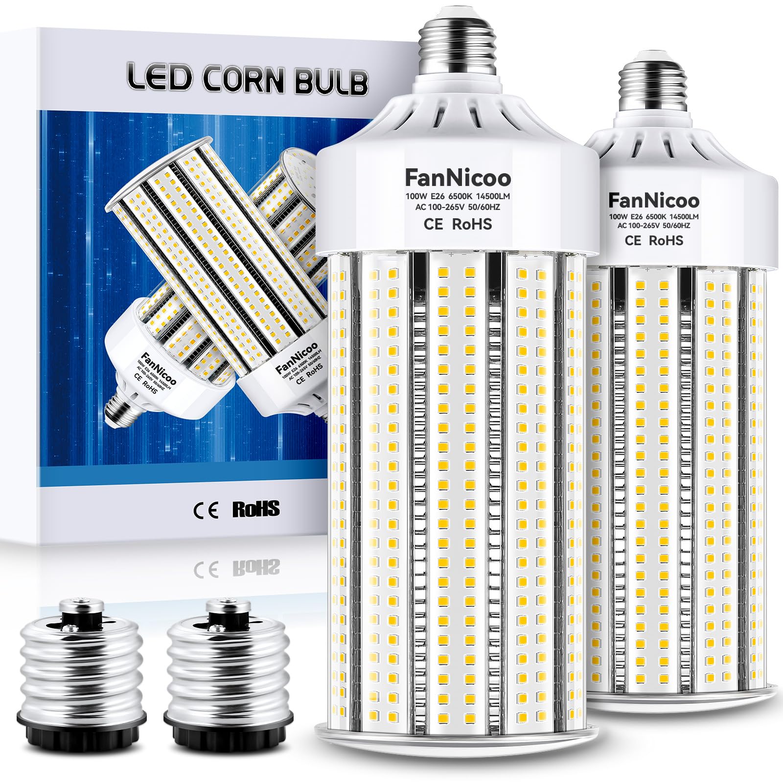 2 Pack 1200W Equivalent 100W Led Corn Bulbs 14500 Lumen 6500K Daylight White Corn Light Bulb Super Bright E26/E39 Base Led Corn