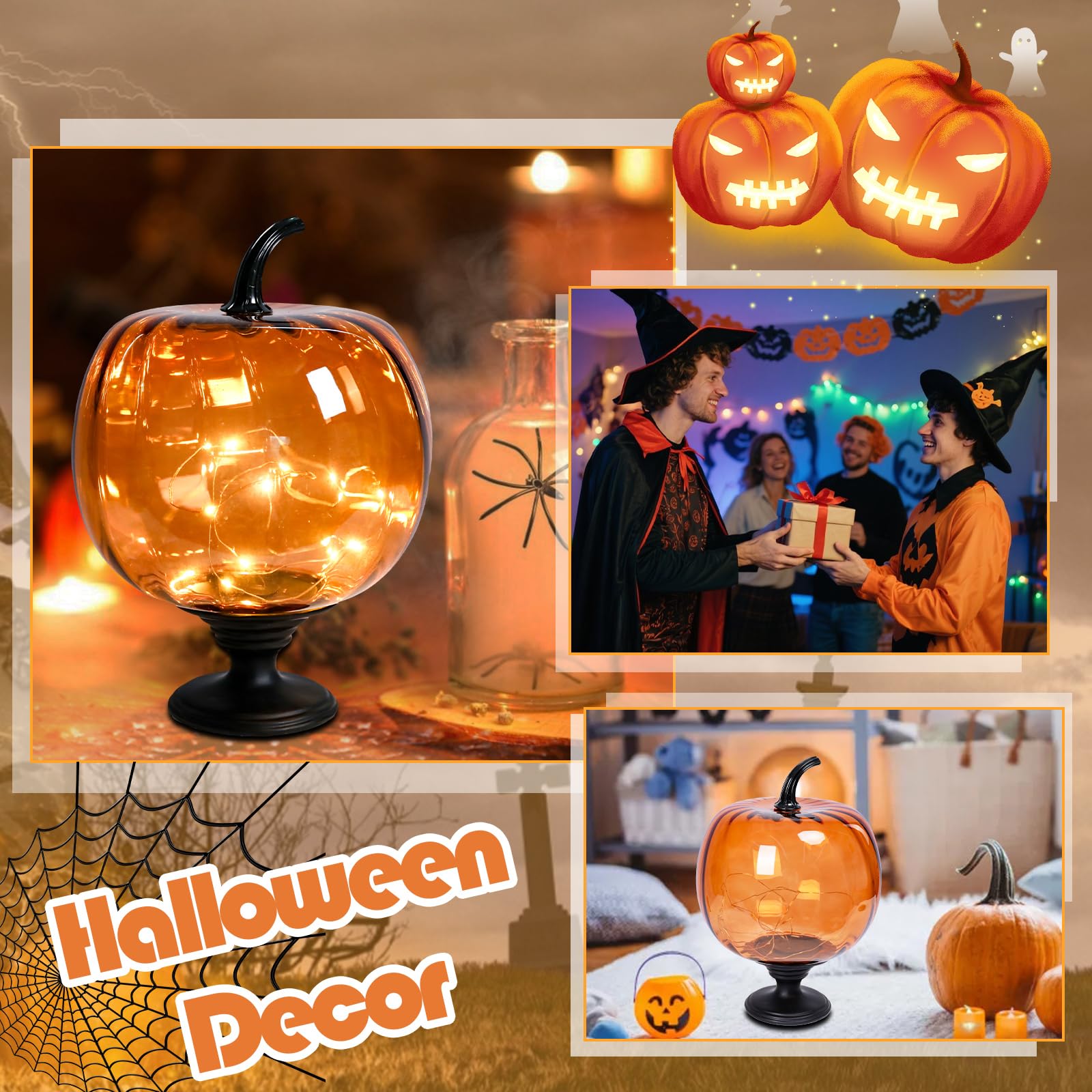 Afirst Decorative Glass Pumpkin Lights  Battery Operated Pumpkin Table Lamps  Halloween Fall Harvest Collection