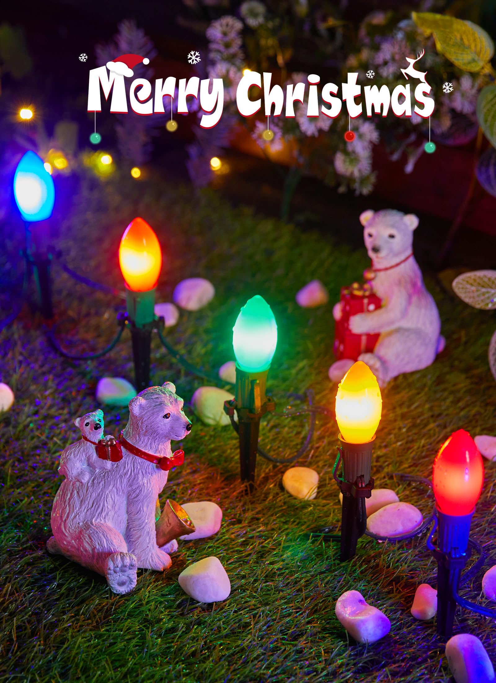 Frosted C9 Christmas Lights Outdoor, 25.7 Ft Christmas Pathway Lights With 20 Led Bulbs And Stakes, Connectable Christmas Yard D