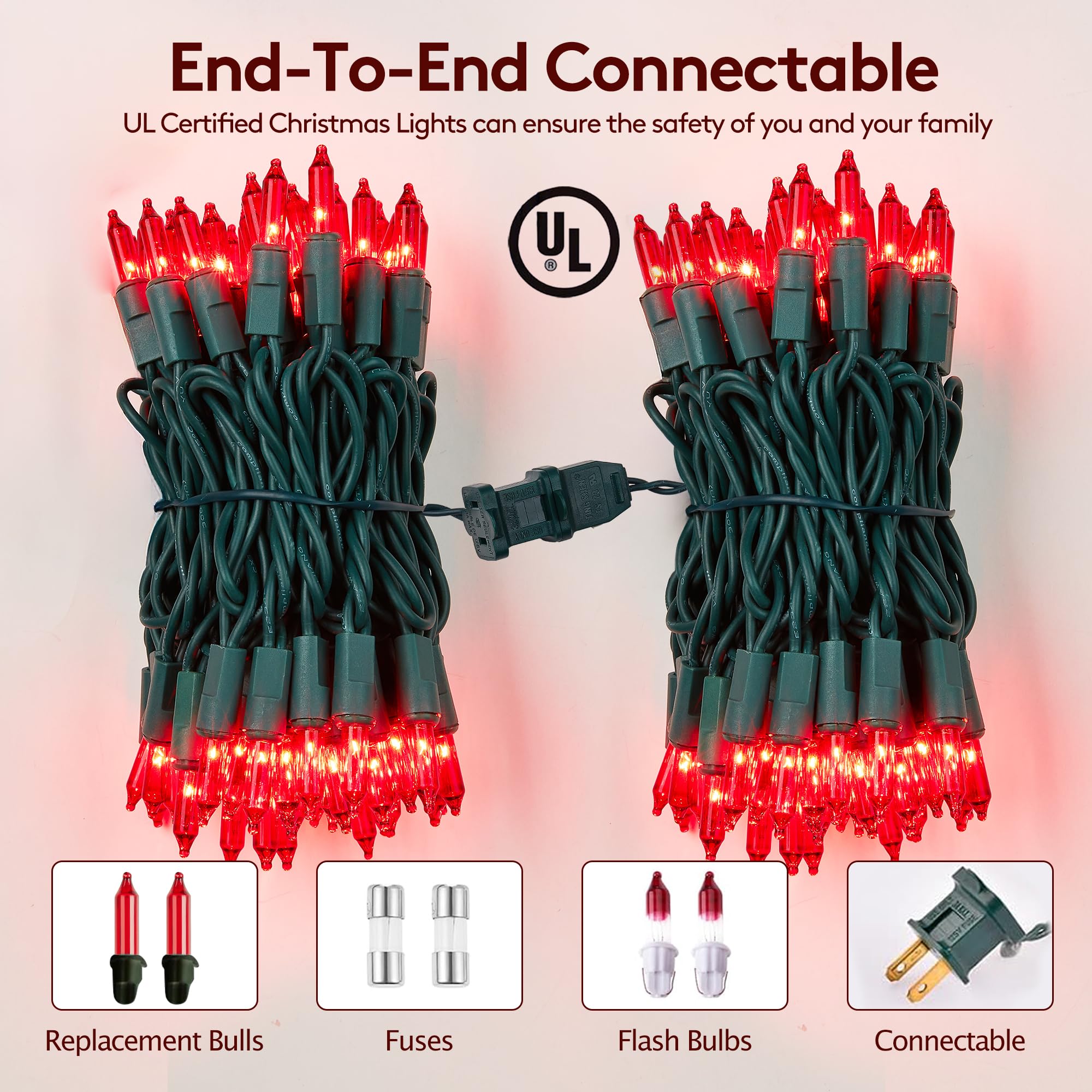 Dirnun Red Christmas Lights 100 Count Incandescent Lights Ul Certified Connectable Christmas Tree Lights With Green Wires For Indoor Outdoor Xmas, Wedding, Holiday, Party, Home Decorations