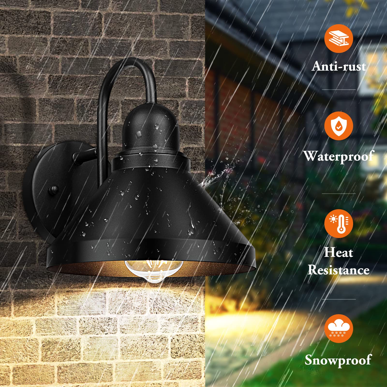 Brightever Gooseneck Outdoor Light Fixtures, 2-Pack Black Metal Barn Lights, 9.25IN, Industrial Style, E26 Base, Anti-Rust