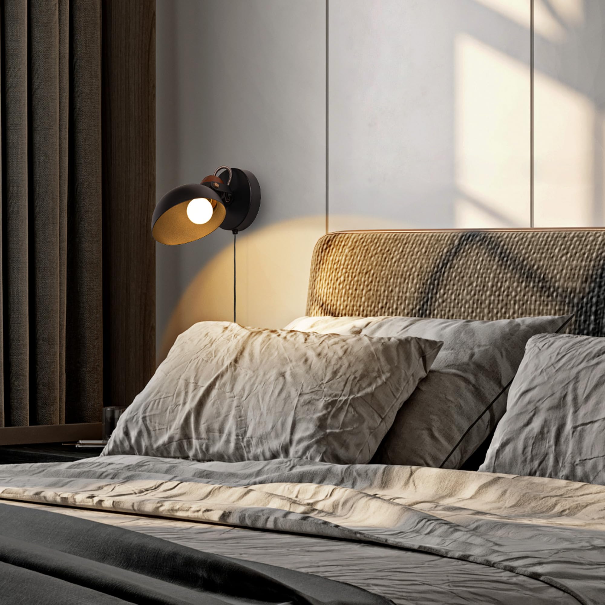 Aisilan Plug Wall Sconce Black Bedroom Wall Sconces Modern Adjustable Wall Lamp with E12 Bulb Wooden Indoor Wall Lighting for Be