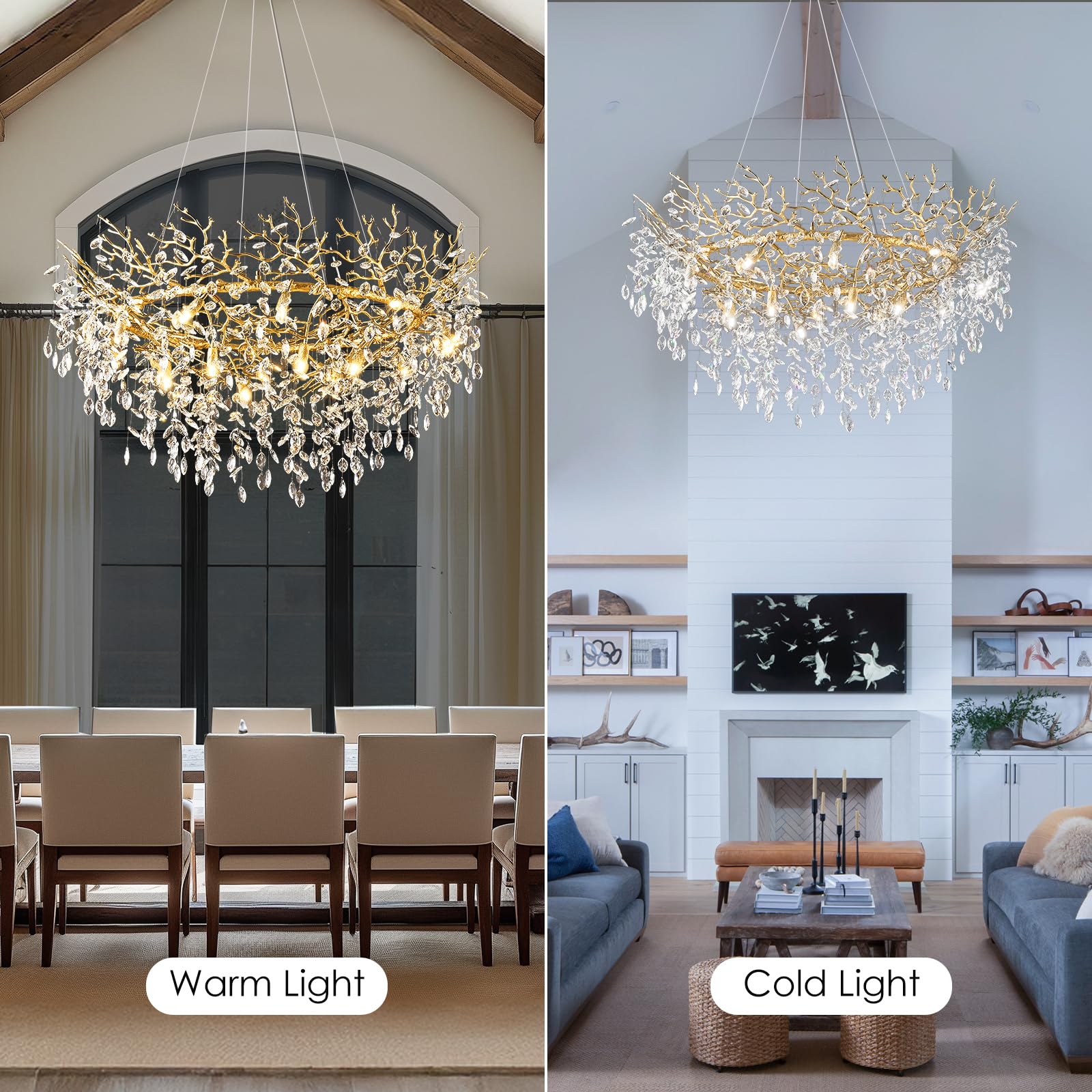 kvtinmty 14-Light Crystal Chandelier, 48" Round Gold Design, Modern Lighting for Dining Room, Living Room, Foyer, High Ceilings