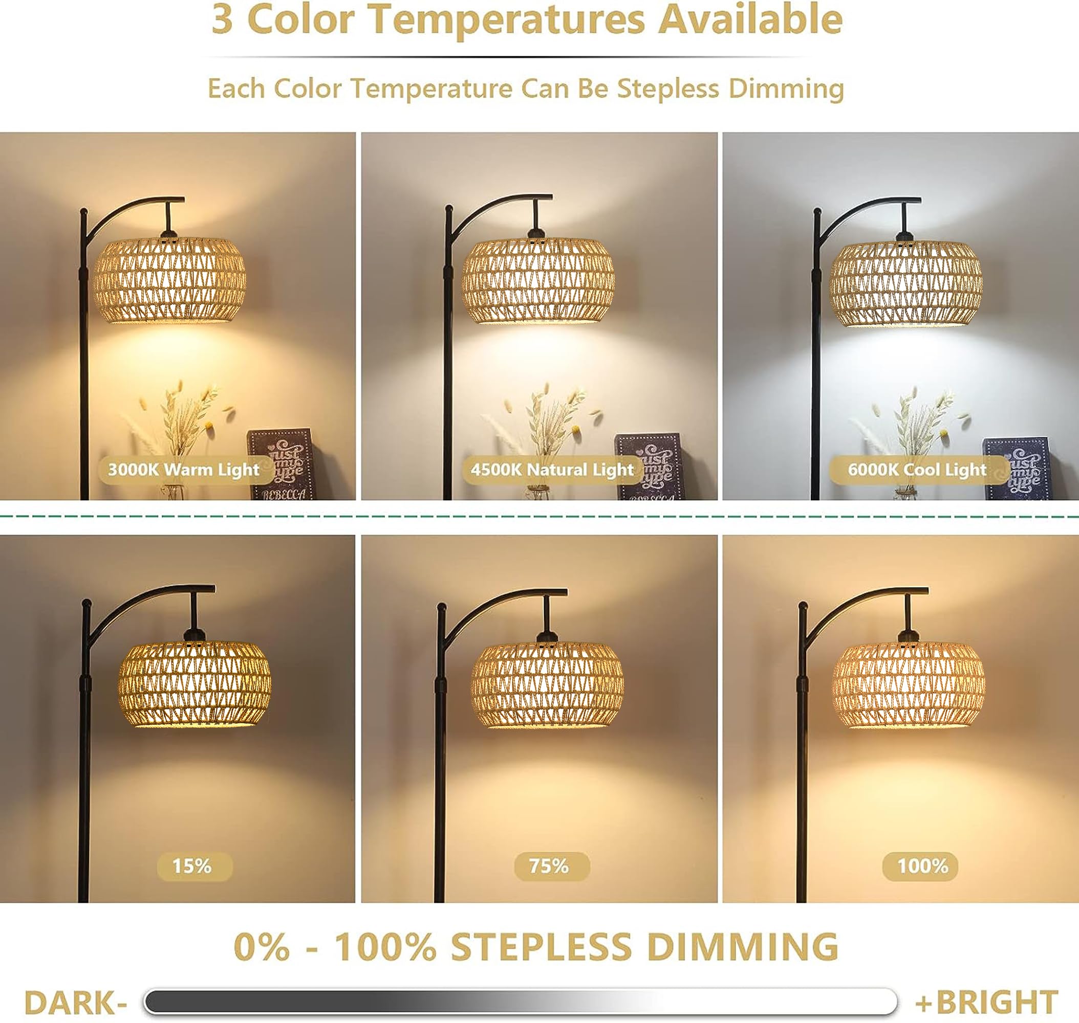 ZECOXOL Arc Floor Lamp - Boho Rattan Design, Dimmable LED, 12" Tall, Black with Remote Control for Living Room and Bedroom