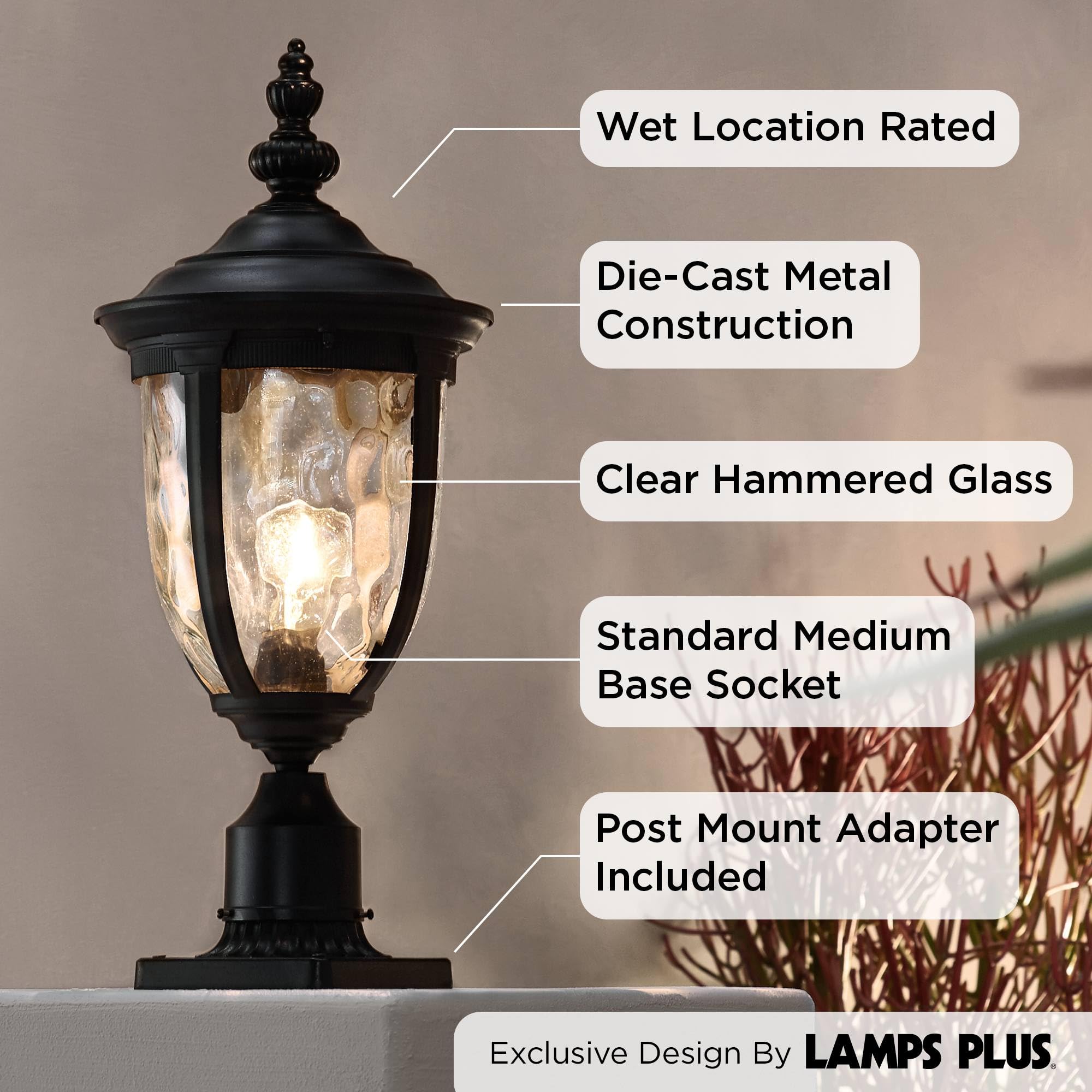 John Timberland Bellagio Traditional Post Light Pier Mount Textured Black 22 3/4'' Clear Hammered Glass For Exterior House Porch