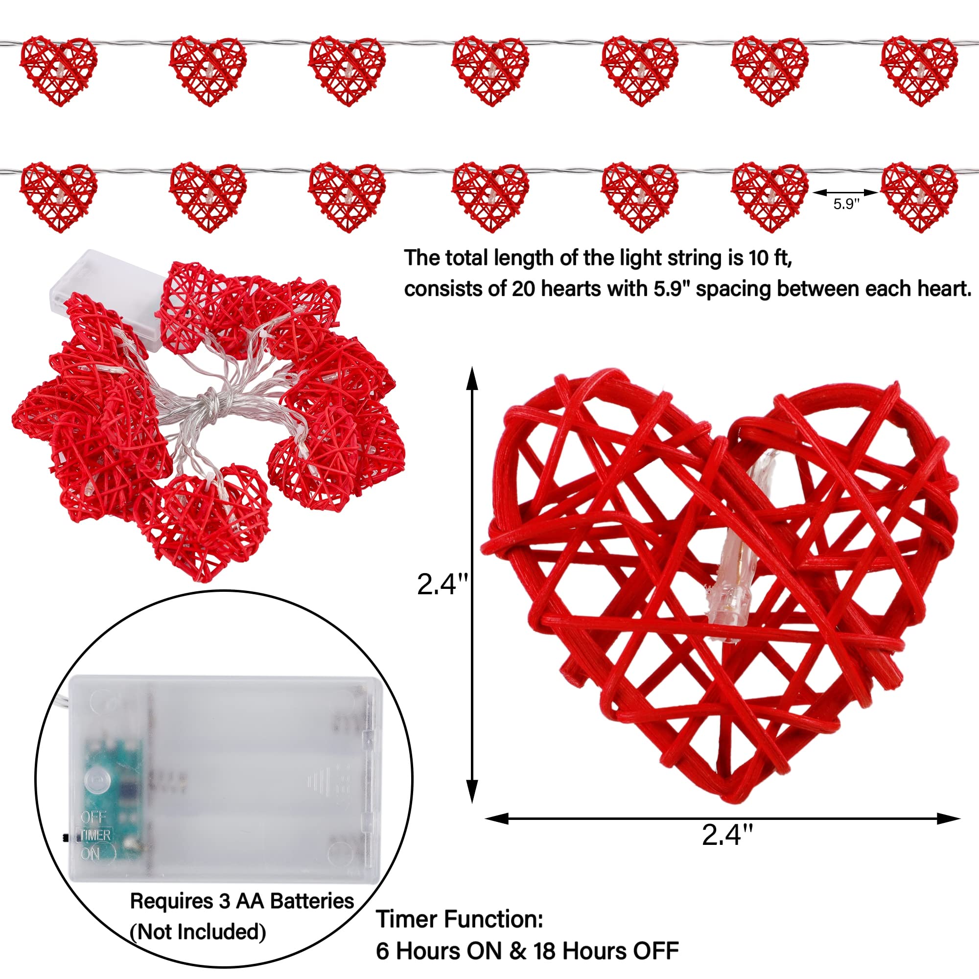 Happy Trees Valentine'S Day String Lights, 10 Ft 20 Led Heart Shape String Light, Romantic Fairy Lights Battery Operated Timer, Valentine Decor For Indoor Outdoor Wedding Anniversary Holiday Party