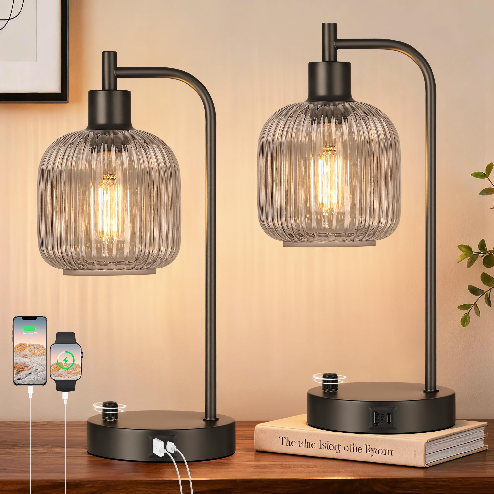 QiMH Industrial Table Lamp for Bedroom Set of 2  Grey Glass Beside Lamp with USB A&C Ports  Stepless Dimmable Black Lamps  Nightstand Lamps for Living Room  Office  Home Decor(Bulb Included)