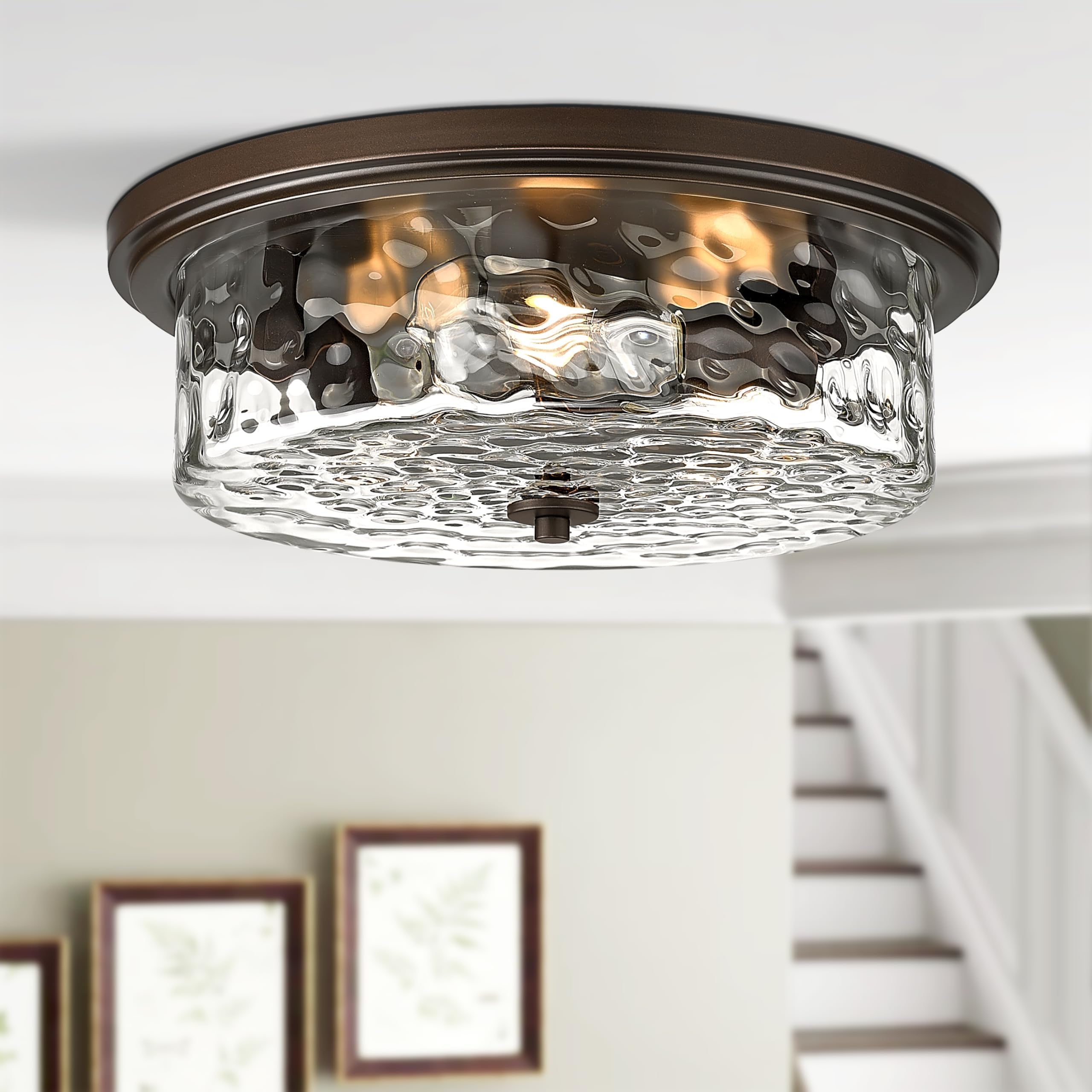 Odeums 16&quot; Oil-Rubbed Bronze Industrial Flush Mount Ceiling Light, 3-Light Hammered Glass Fixture