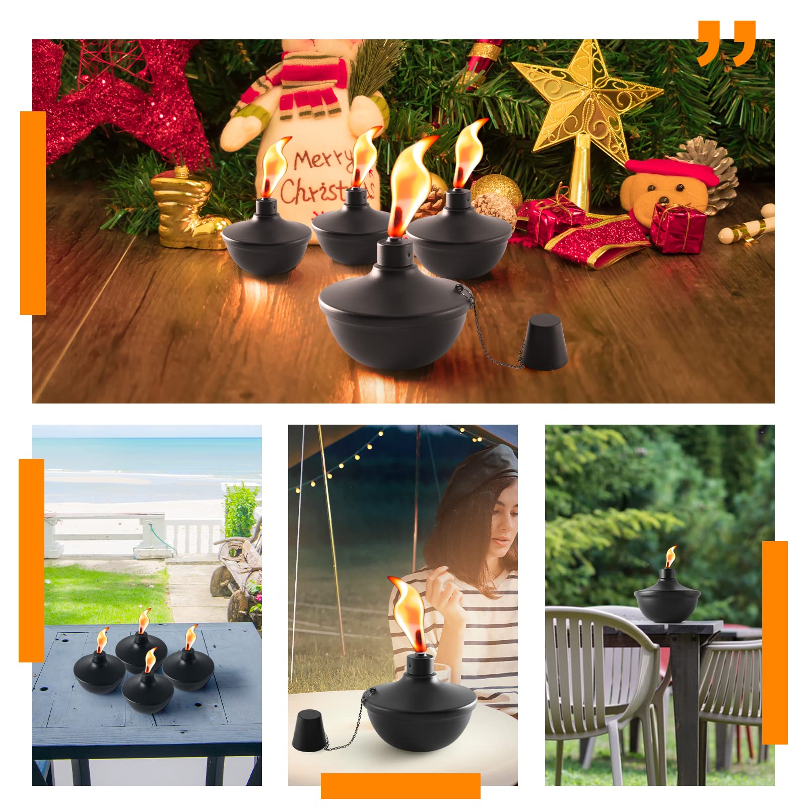 SNOGSWOG 6 Pack Metal Table Top Torches, 22oz Citronella, Black 6P, Refillable Decorative Lanterns for Yard, Patio, Garden