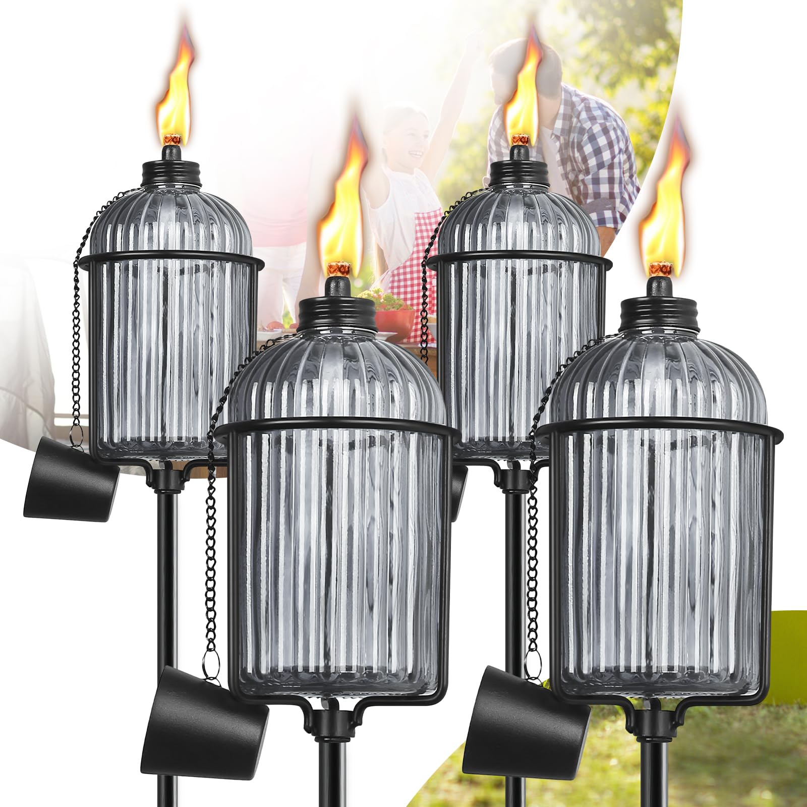 FAN-Torches 4 Pack Garden Torches, 61-Inch Gray Metal Citronella Torches with 3-Prong Stake, Model BLXW-HS-MYD-04