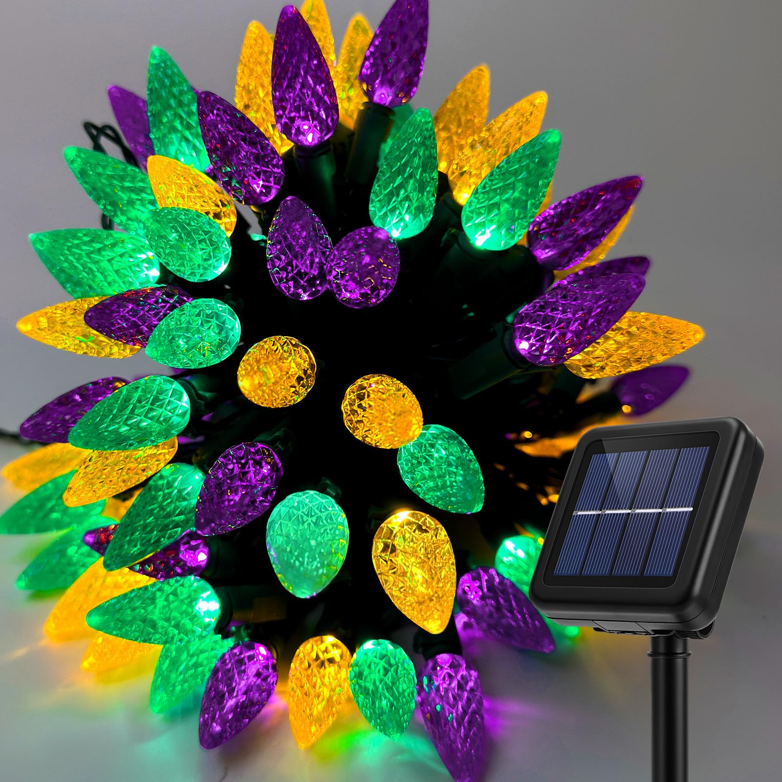 ReyeeInc Solar Mardi Gras Lights, Solar Powered Outdoor Waterproof String Lights with 39FT 100 Count C6 Strawberry and 8 Modes f