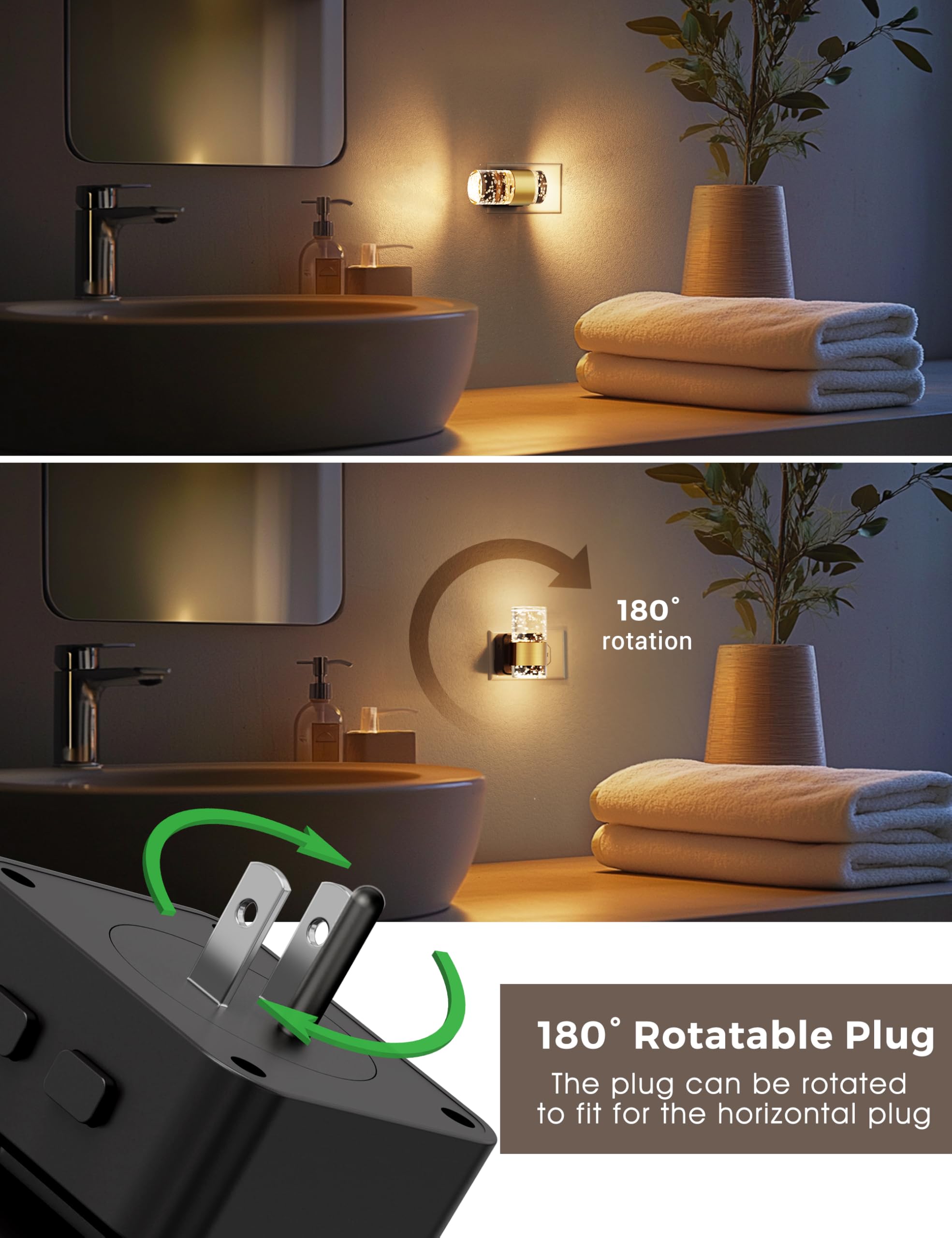 L LOHAS LED Night Lights, Color Changing, Dusk to Dawn Sensor, Adjustable Brightness, 2 Pack, Gold Ring-RGB