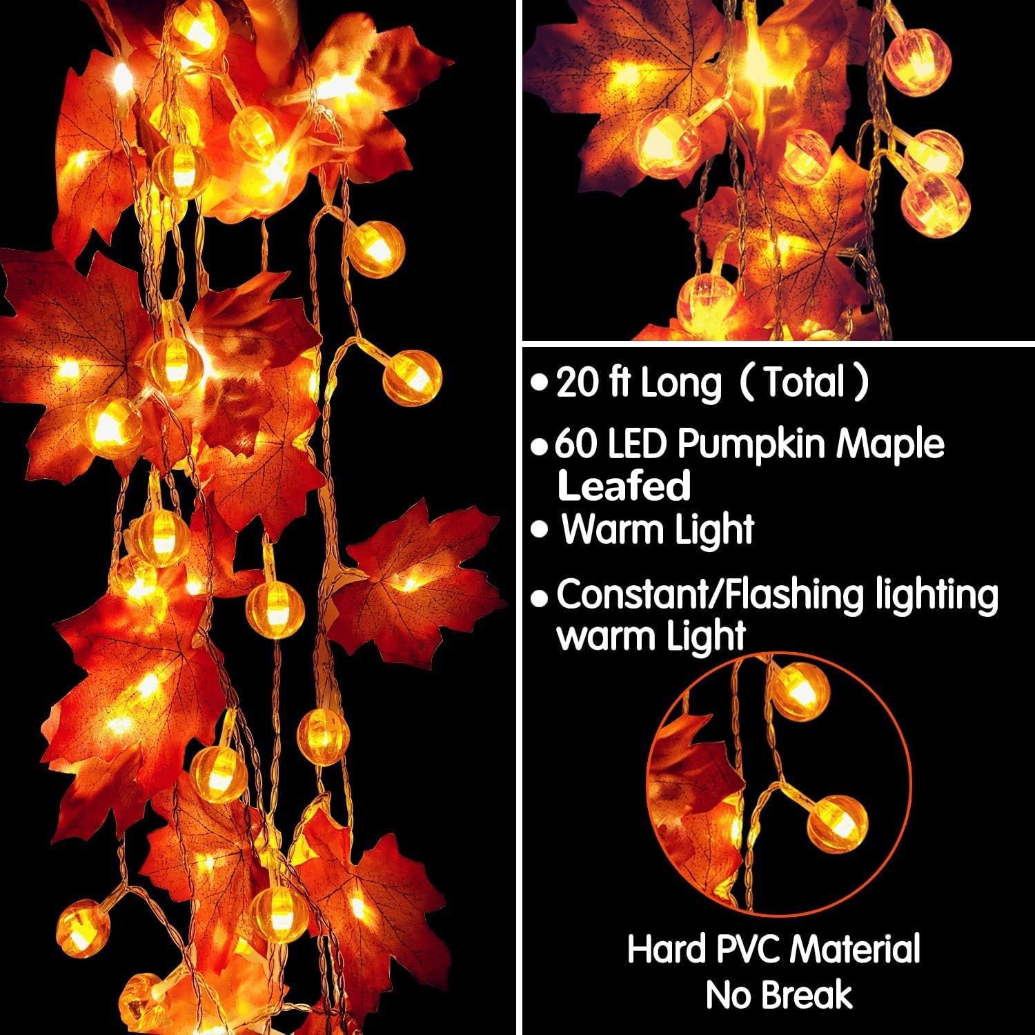 2 Pack Fall Pumpkin Garland Lights Thanksgiving Decorations For Home 60 Led 20 Ft Enlarged Maple Leafed String Light Pumpkins Lights Waterproof Battery Operated Thanksgiving Fall Autumn Indoor Outdoor