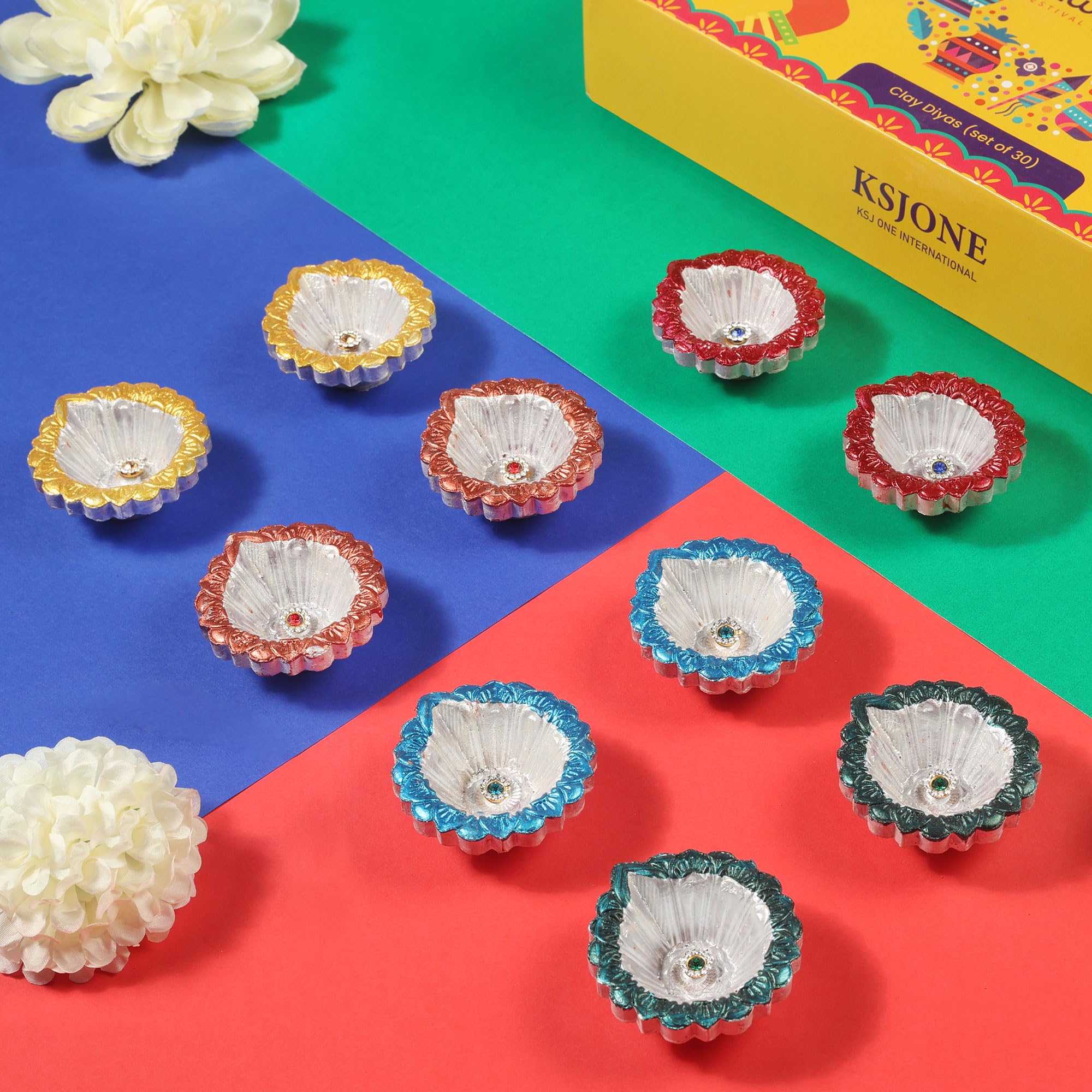 KSJONE 30 Pcs Hand Painted Diwali Decoration Diwali Clay Diya with Cotton Wicks Oil Lamp Indian Festive Home Decoration Traditio