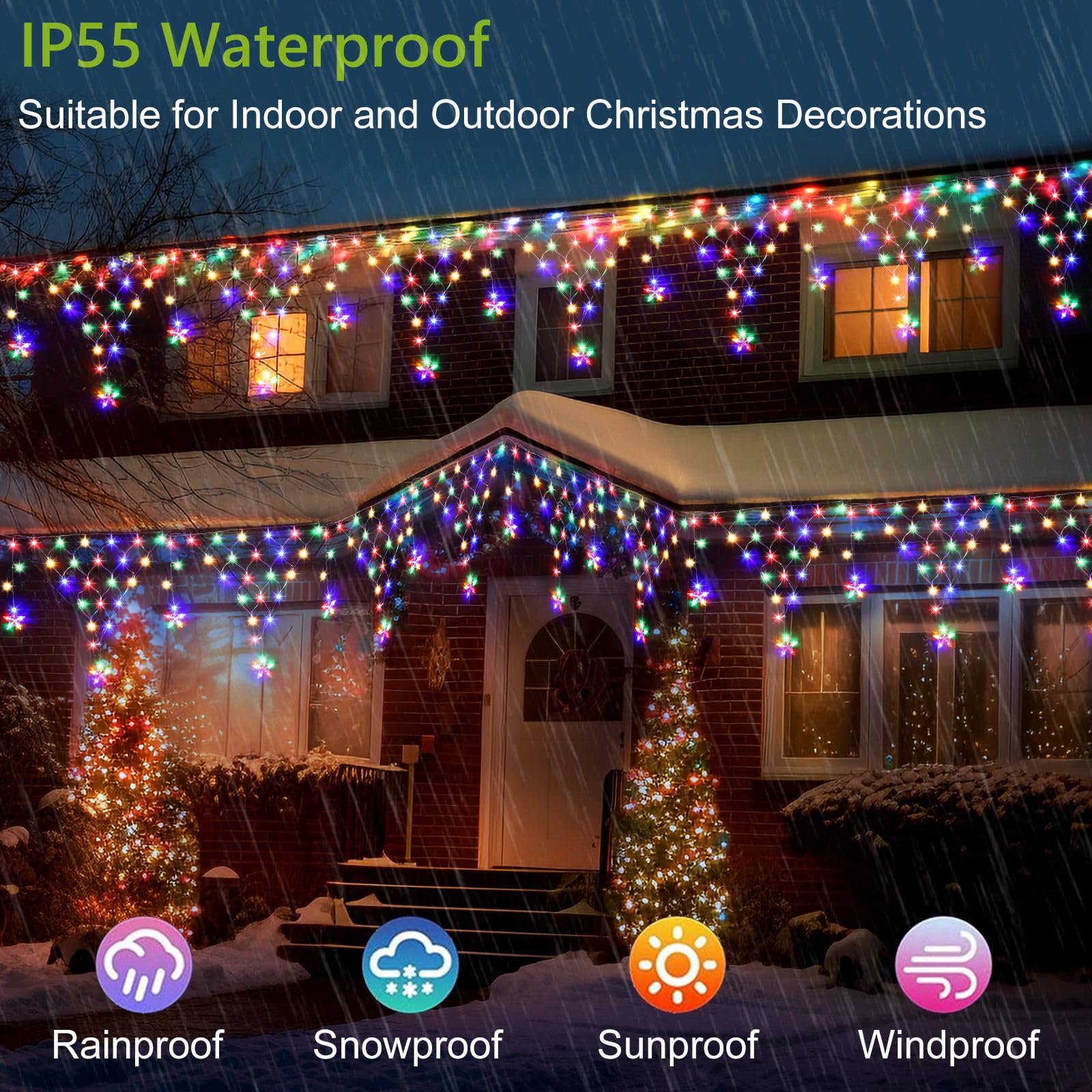 Miniao Christmas Lights Outdoor Decorations 218 Led 13.8Ft Curtain Fairy Lights With 12 Drops  Led String Light Decor With 8 Modes For Party Holiday Christmas Home Indoor Outdoor Decor Star Multicolor