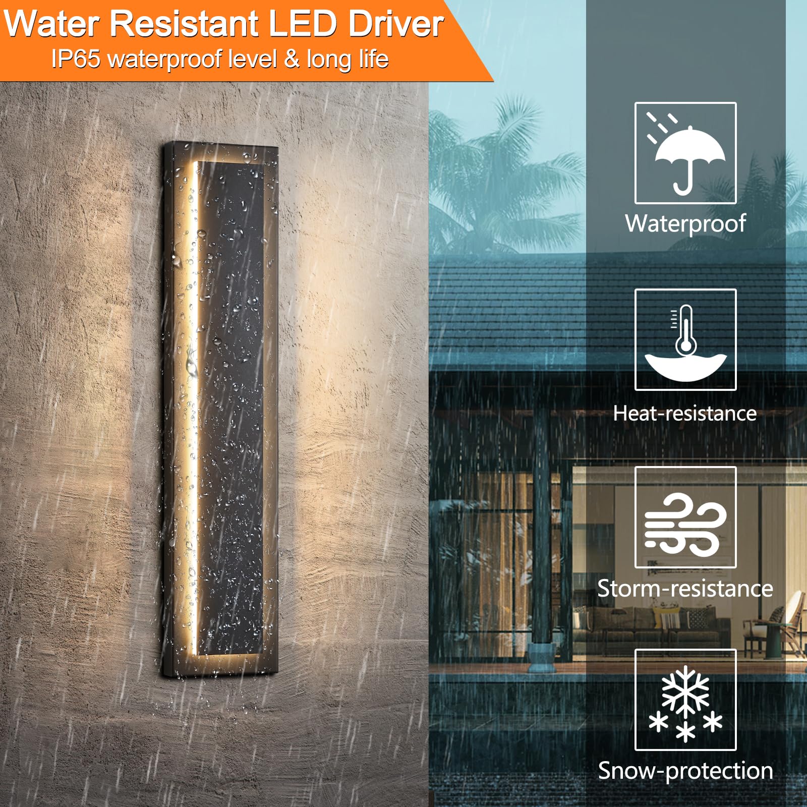 tewei Modern Outdoor Wall Sconce, Black LED Exterior Lighting, 60cm, Warm White 3000K, 2 Pack, Model BWL-602P