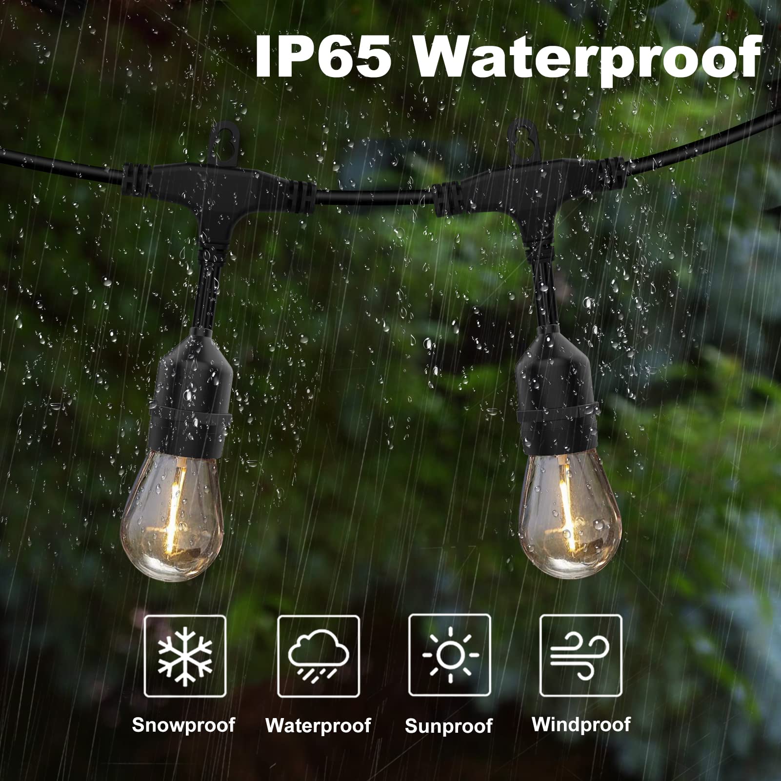 Achin Outdoor String Lights 48FT Dimmable Warm White 2200K LED Shatterproof with 16 Bulbs, Waterproof, Model OTS4815-TS20B1-S142