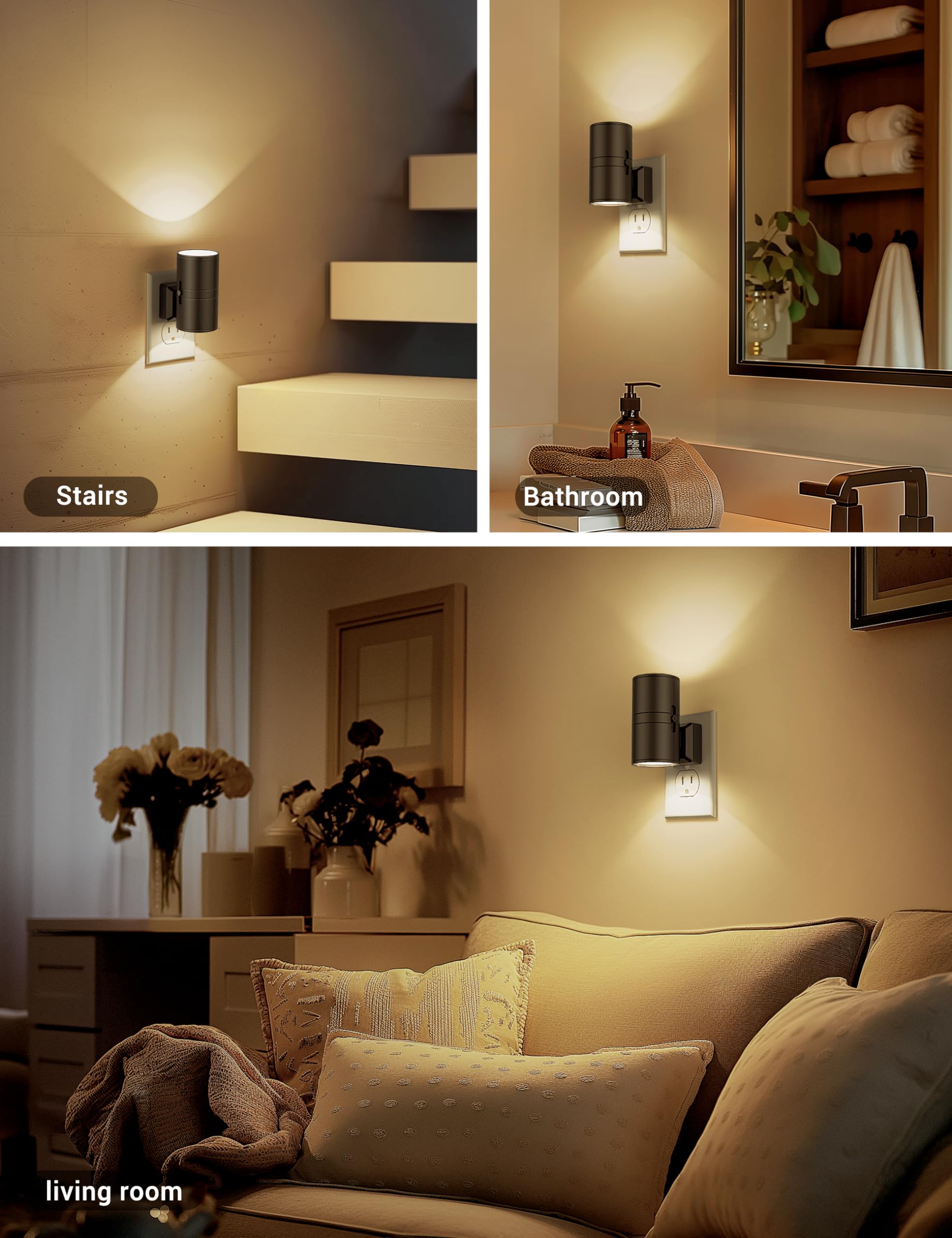 JandCase Dimmable Night Light Plug-in with Dusk to Dawn Sensor, Soft White 3000K, 0-100LM, Warm Black Shade, 2 Pack